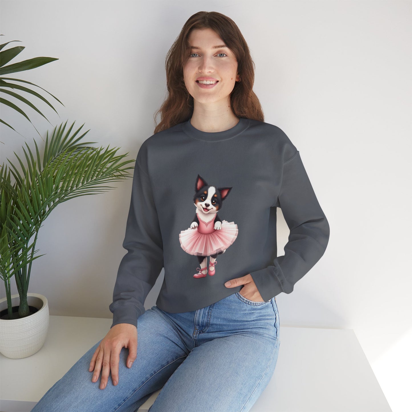 Cute Ballet Dog Crewneck Sweatshirt - Dancing Puppy in Pink Tutu Design | Kawaii Animal Lover Gift