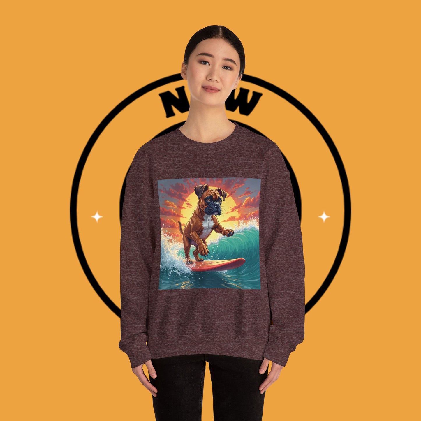 Surfing Boxer Dog Crewneck Sweatshirt | Funny Beach Surfer Gift | Epic Wave Riding Pup Design