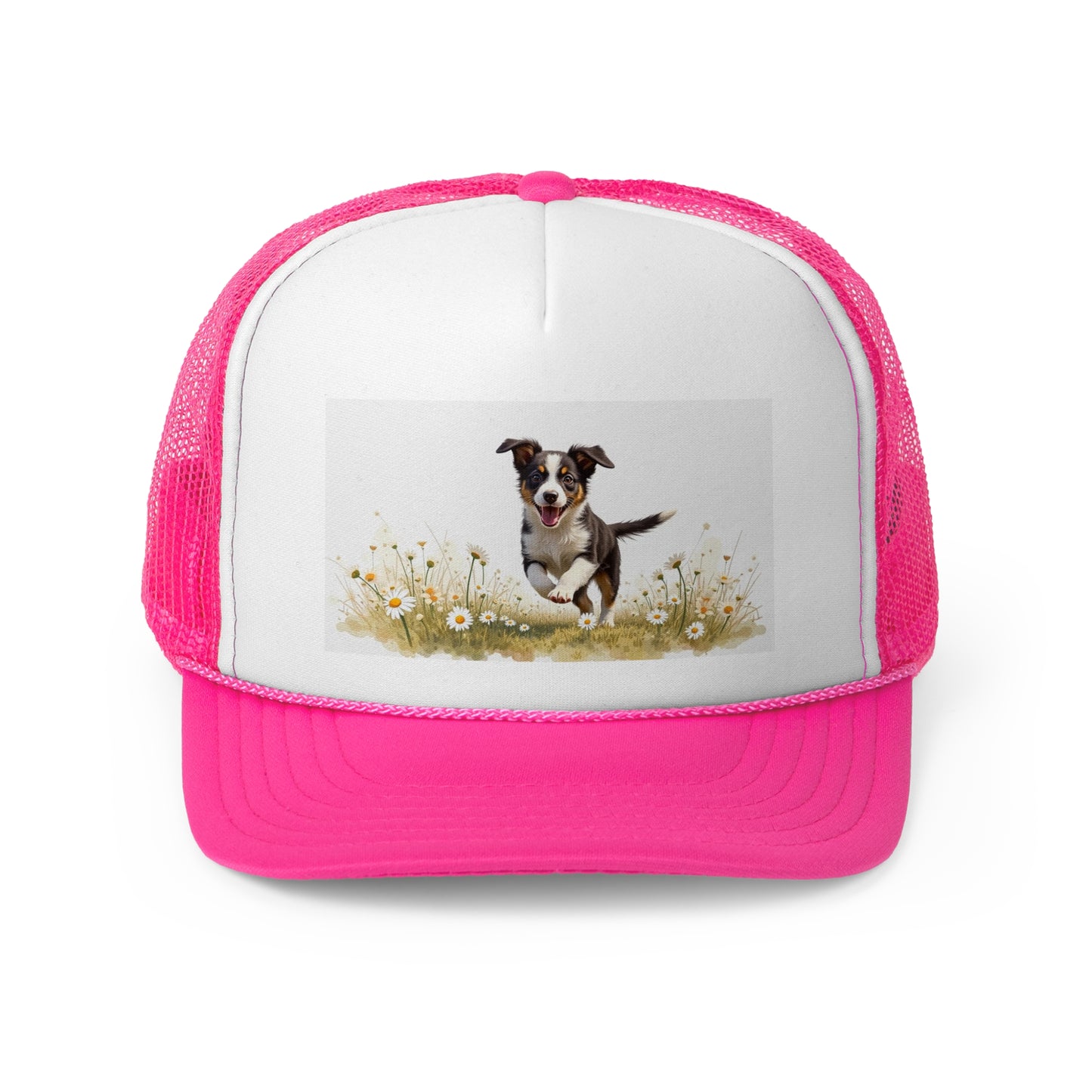 Happy Puppy in Daisies Trucker Hat - Joyful Dog Running Cap - Spring Meadow Baseball Hat