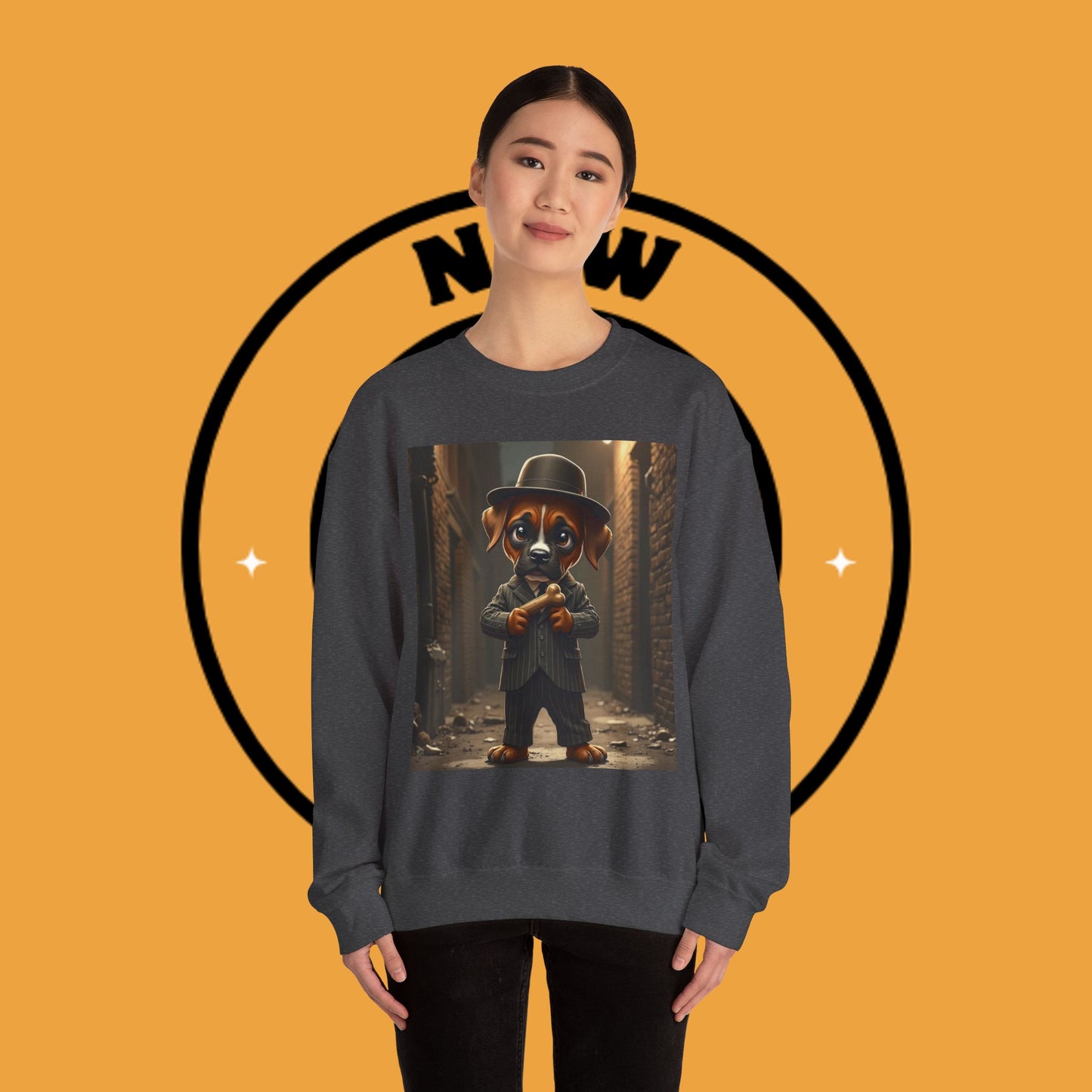 Gangster Puppy Fedora Crewneck Sweatshirt - Vintage Dog Boss Design - Retro Pet Lover Style