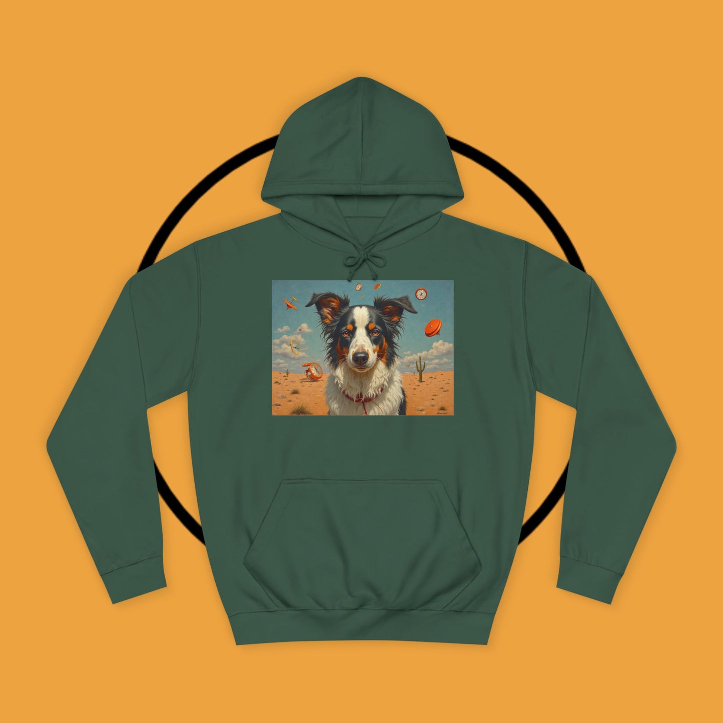 "Surreal Border Collie Time Desert Hoodie - Flying Clocks Artistic Dog Sweatshirt | Dreamlike Fantasy Design"