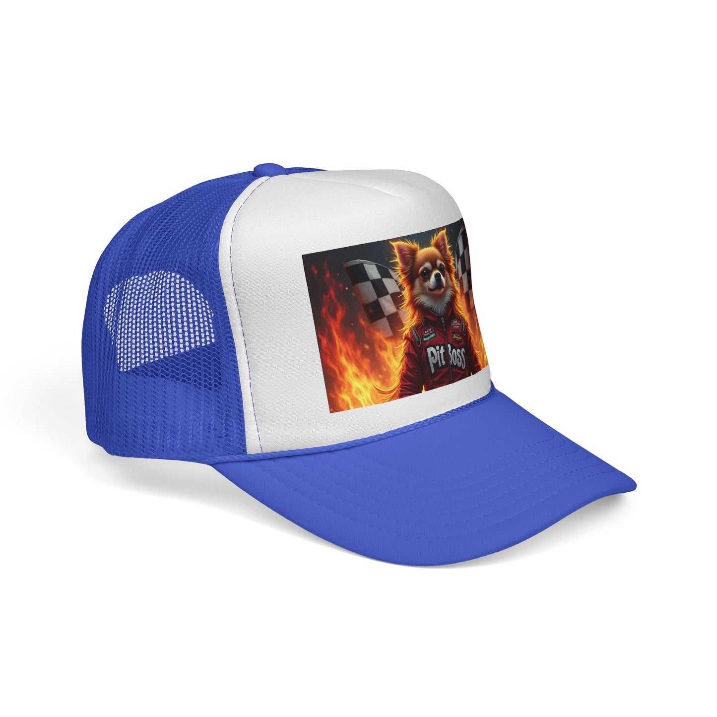 Pit Boss Chihuahua Racing Trucker Hat - Checkered Flag Fire Cap | Motorsports Dog Lover Speed Racing Baseball Hat