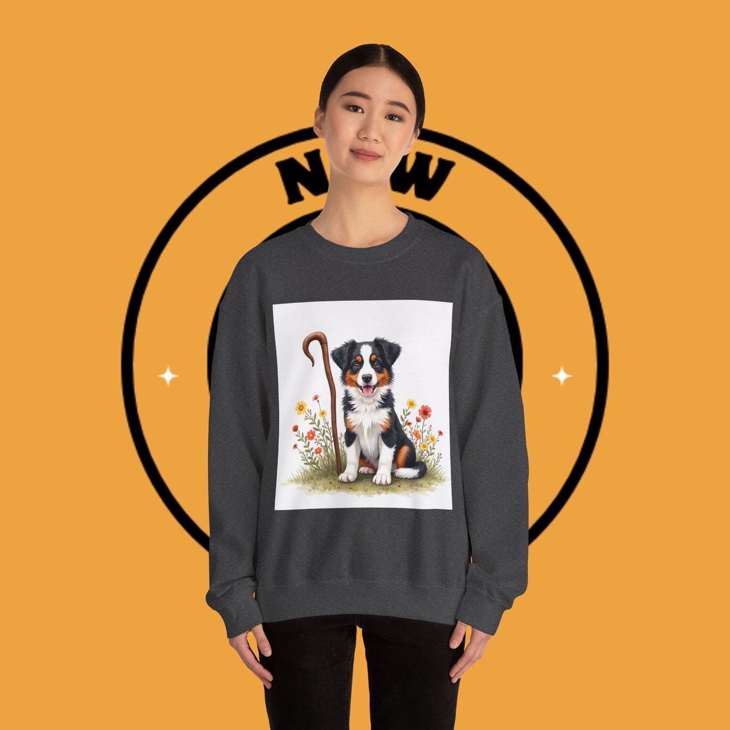 Border Collie Puppy Shepherd's Crook Crewneck Sweatshirt - Pastoral Dog Art | Farm Life Gift