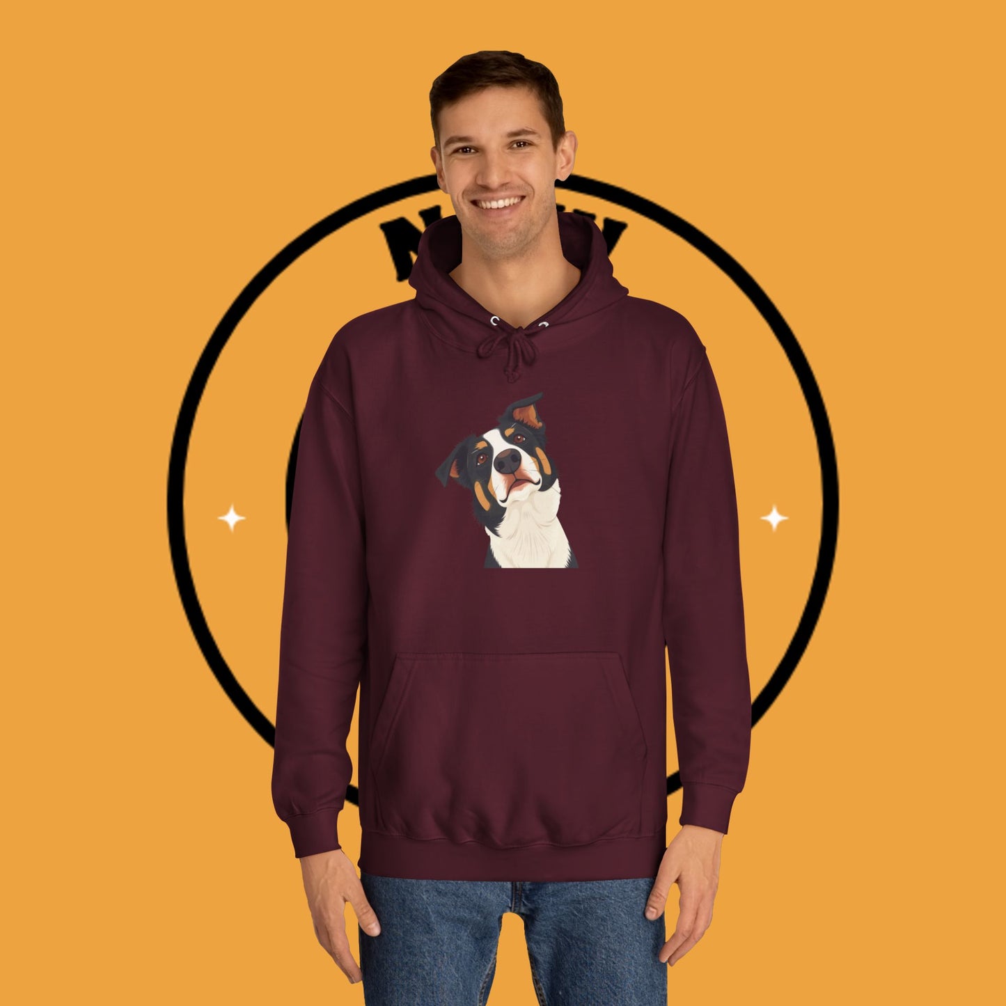 "Happy Border Collie Hoodie - Playful Cartoon Dog with Tilted Head Design | Cute Animal Streetwear"