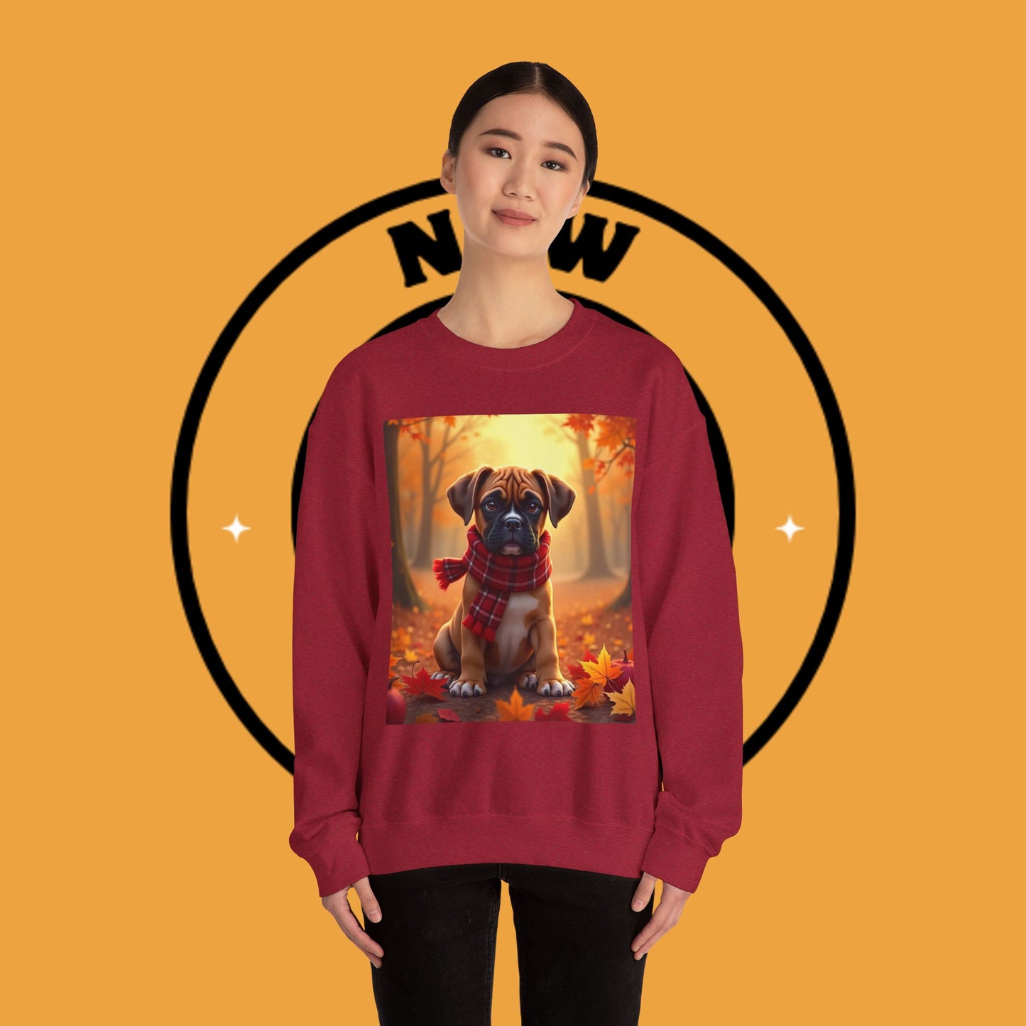 Cute Boxer Puppy Autumn Crewneck Sweatshirt | Fall Dog Lover Gift | Cozy Plaid Scarf Design