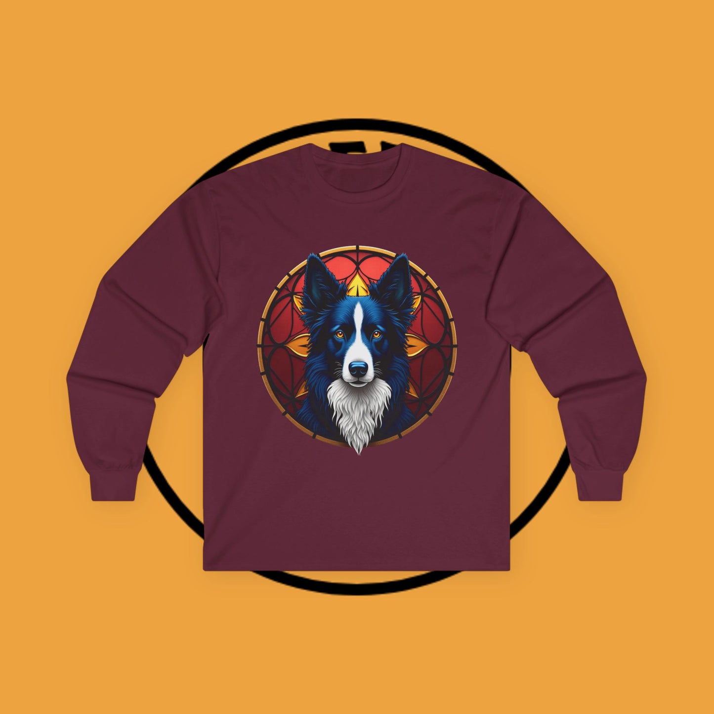 "Mystical Border Collie Stained Glass Long Sleeve Tee - Sacred Geometry Spirit Animal Shirt - Gothic Fantasy Apparel"
