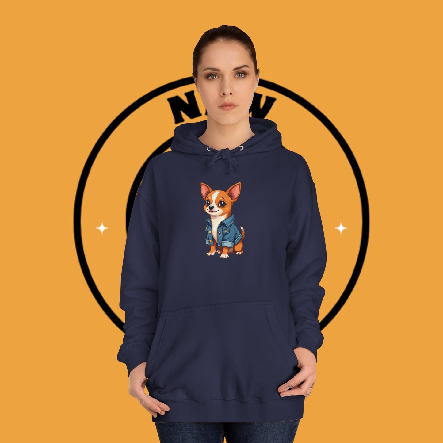 "Adorable Chihuahua in Denim Jacket Hoodie | Cute Dog Lover Gift | Premium Pet Fashion Streetwear"