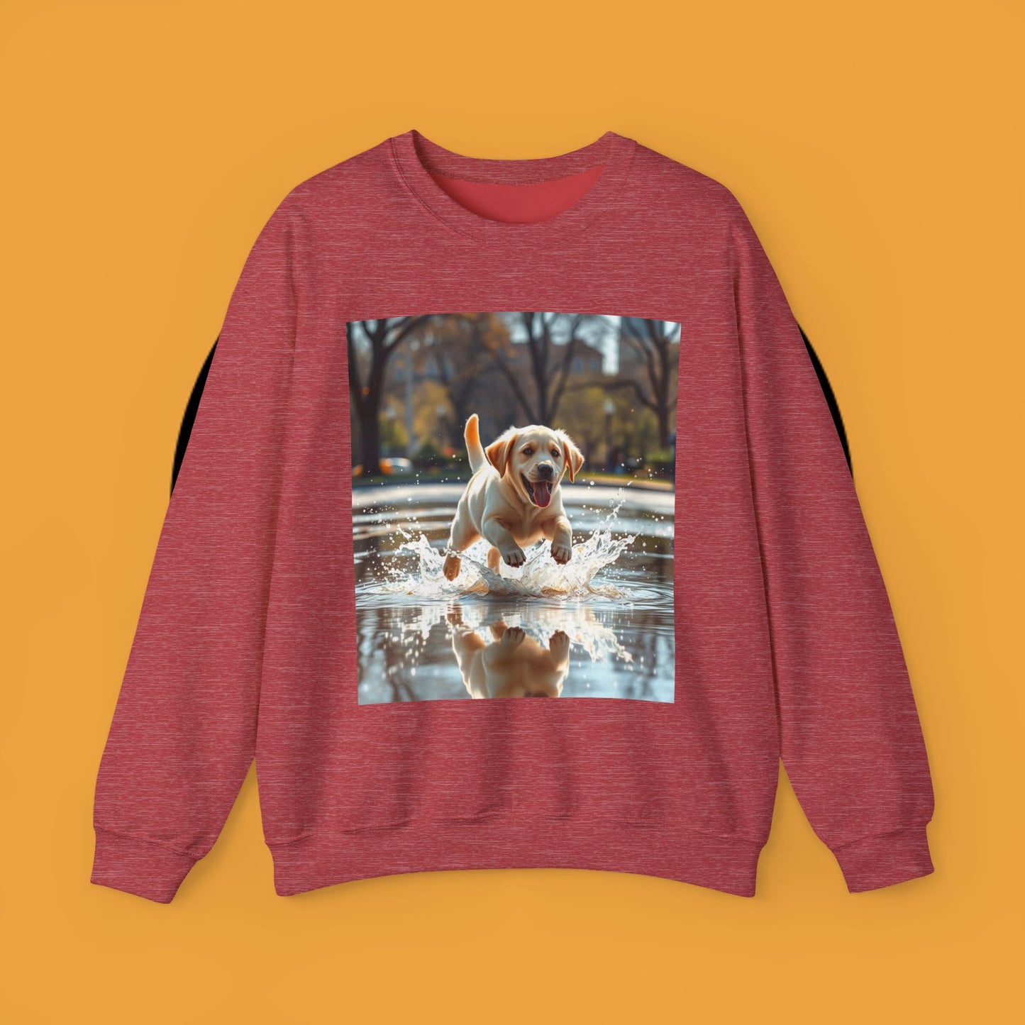 Unisex Dog Lover Crewneck Sweatshirt -Labrador Puppy Running in Water - Happy Dog Splashing in Puddle