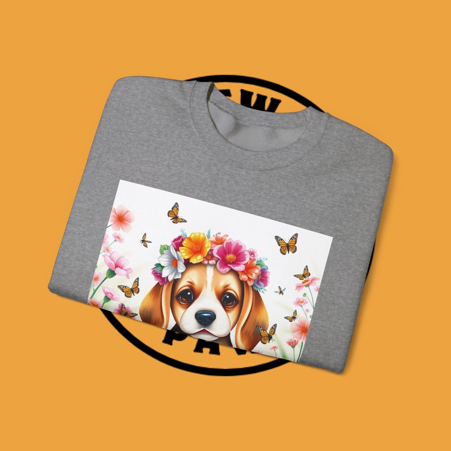Flower Wreath Dog Crewneck Sweatshirt - Spring Beagle Design with Butterflies