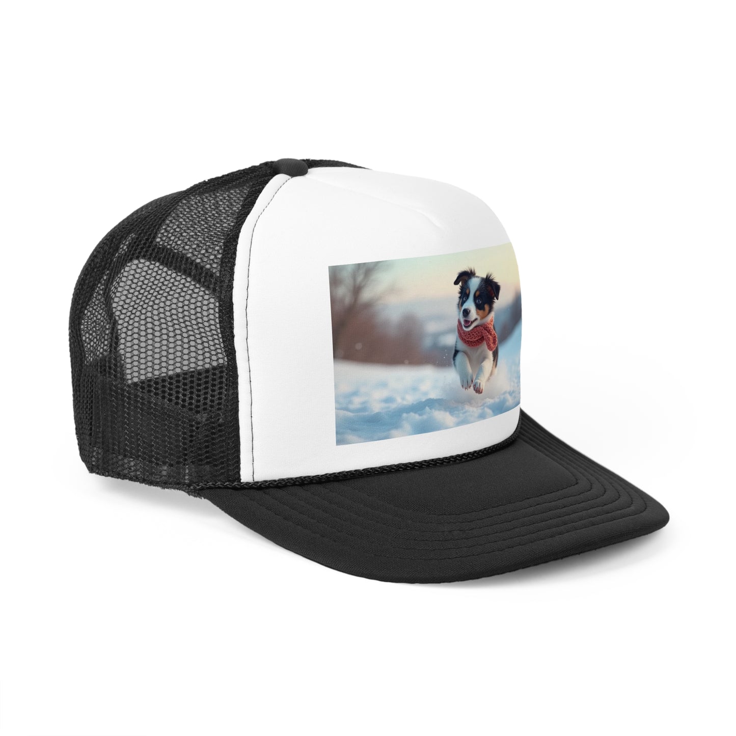 Winter Puppy Trucker Hat - Cozy Dog in Snow Cap - Adorable Scarf Puppy Baseball Hat