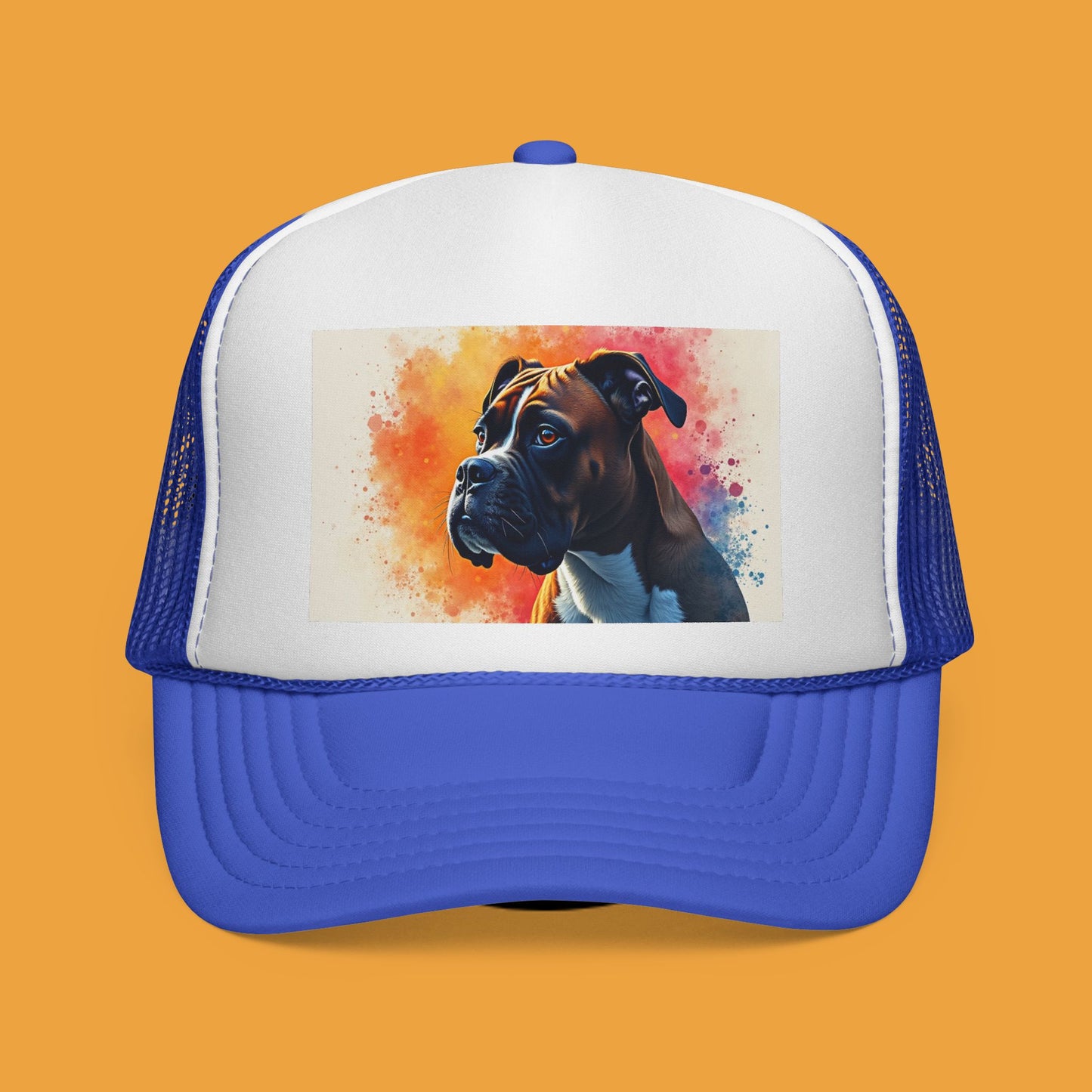 "Watercolor Sunset Boxer Dog Trucker Cap - Artistic Profile Design | Premium Snapback Hat | Fine Art Streetwear for Dog Lovers"