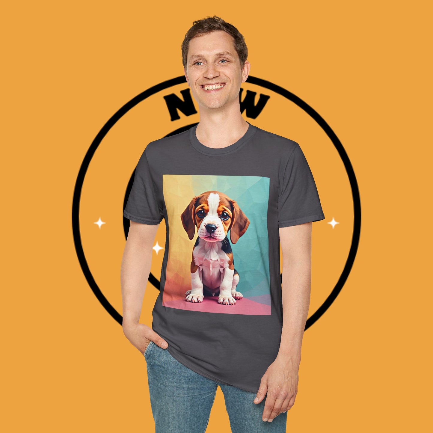 Modern Art Beagle Puppy T-Shirt - Geometric Low Poly Dog Design with Rainbow Background
