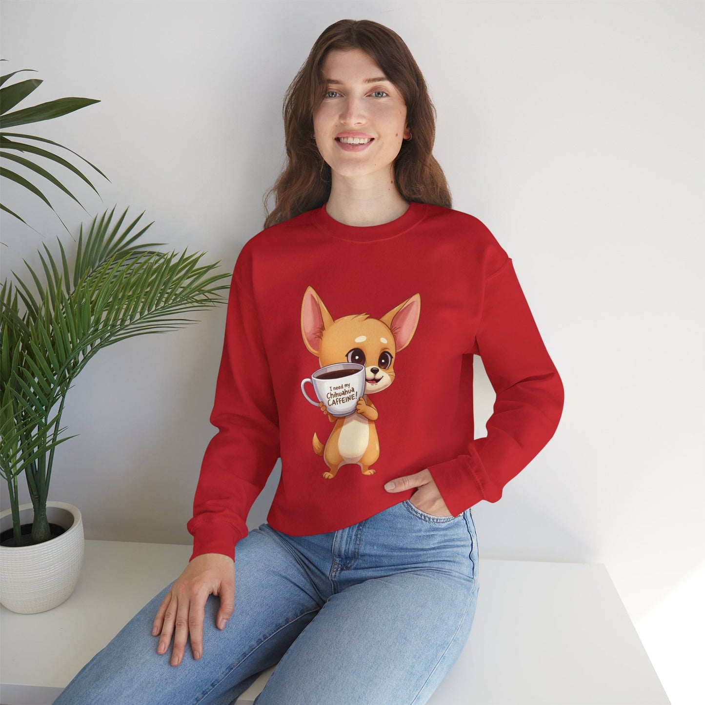 Coffee Chihuahua Sweatshirt - "I Need My Chihuahua Caffeine" Funny Dog Coffee Lover Gift