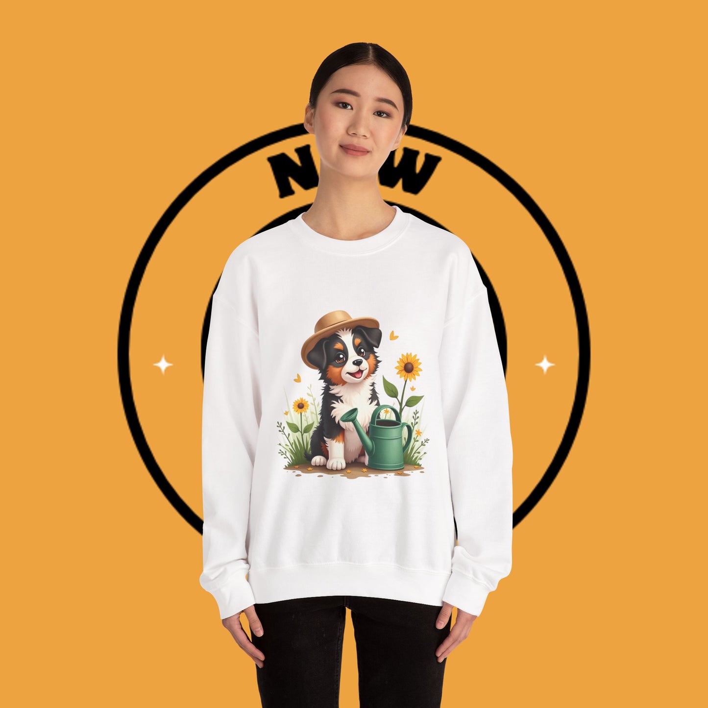 Garden Dog Crewneck Sweatshirt - Cute Puppy Gardener with Sunflowers Design | Green Thumb Gift
