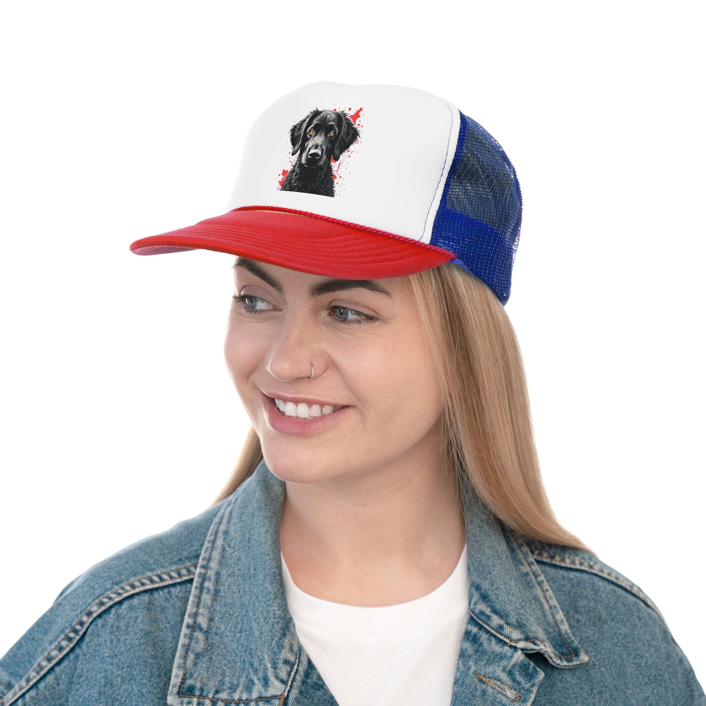 Black Dog Street Art Trucker Cap - Red Splatter Graffiti Design - Unisex Urban Cap