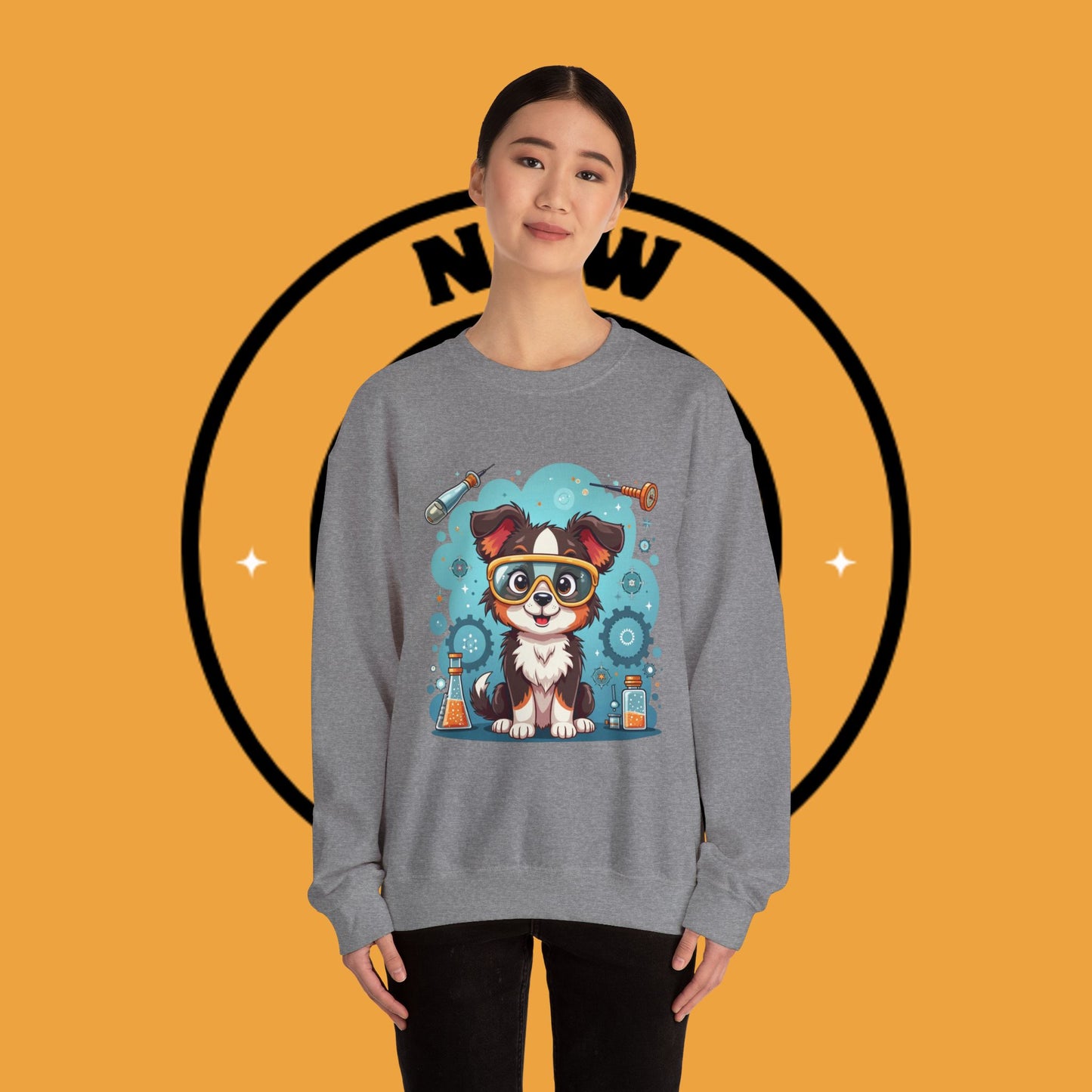 Science Dog Crewneck Sweatshirt - Cute Puppy Scientist with Lab Goggles Design | STEM Lover Gift