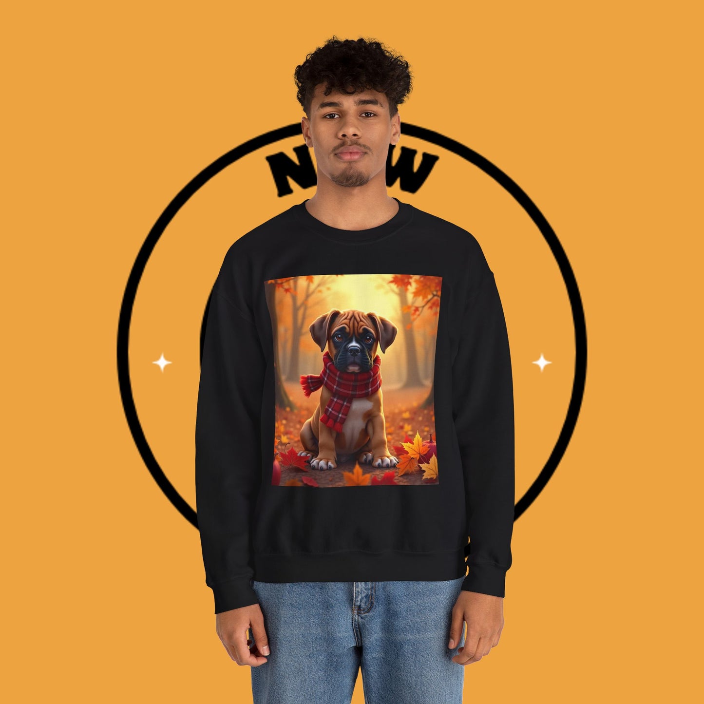 Cute Boxer Puppy Autumn Crewneck Sweatshirt | Fall Dog Lover Gift | Cozy Plaid Scarf Design