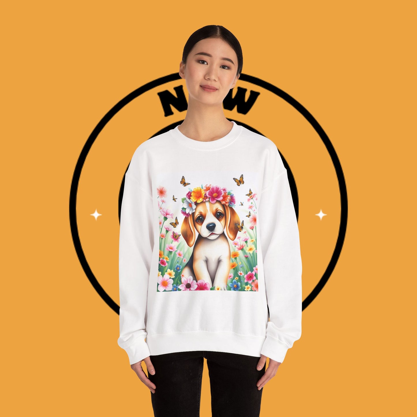 Flower Wreath Dog Crewneck Sweatshirt - Spring Beagle Design with Butterflies