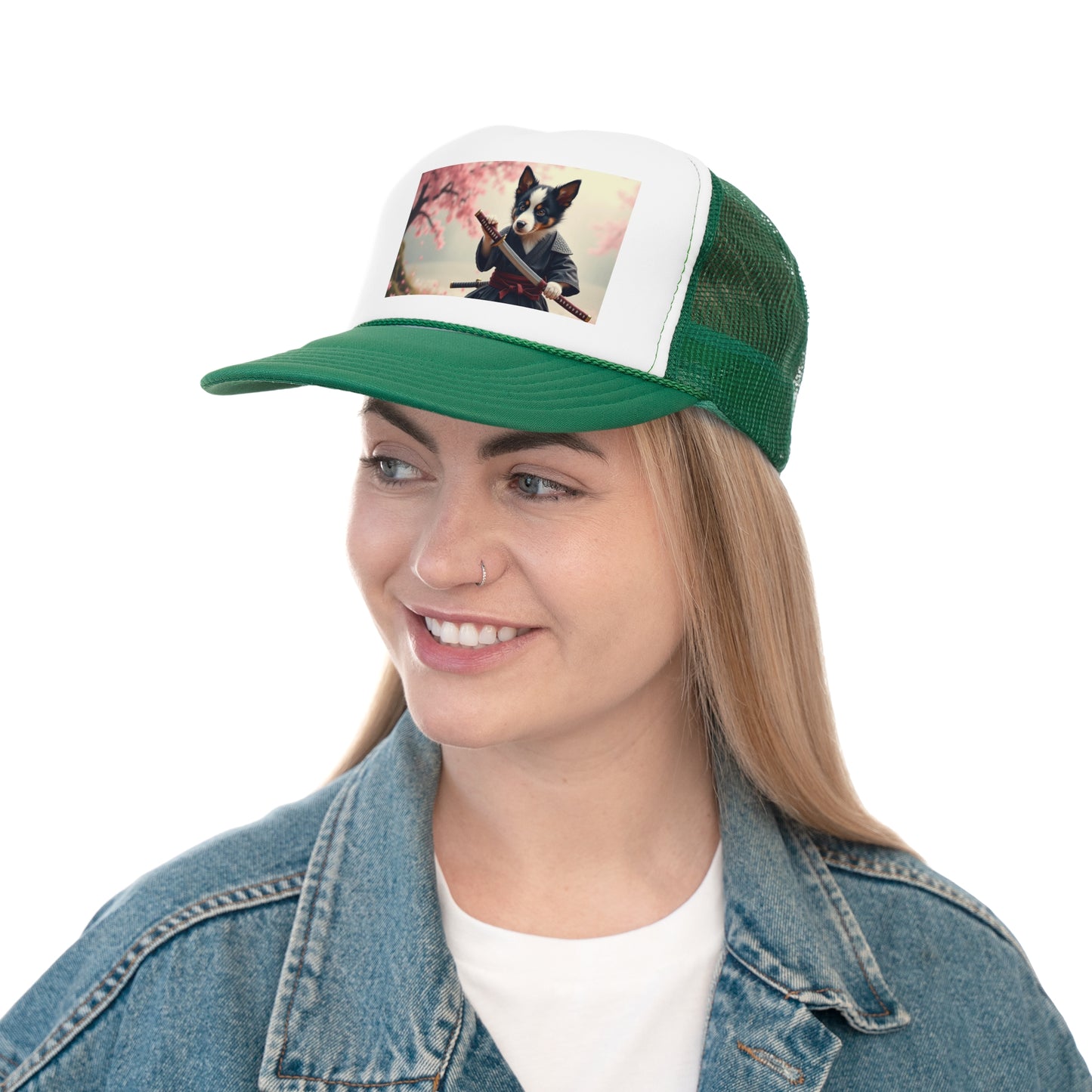 Samurai Puppy Trucker Hat - Japanese Warrior Dog Cap - Cherry Blossom Ninja Baseball Hat