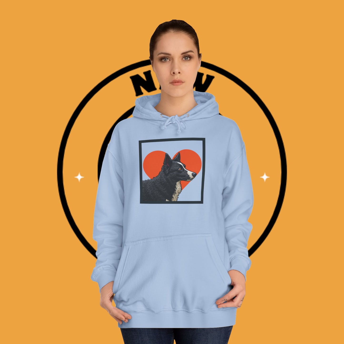 "Black & White Border Collie Portrait Hoodie - Bold Red Heart Background Dog Lover Sweatshirt | Premium Art Design"