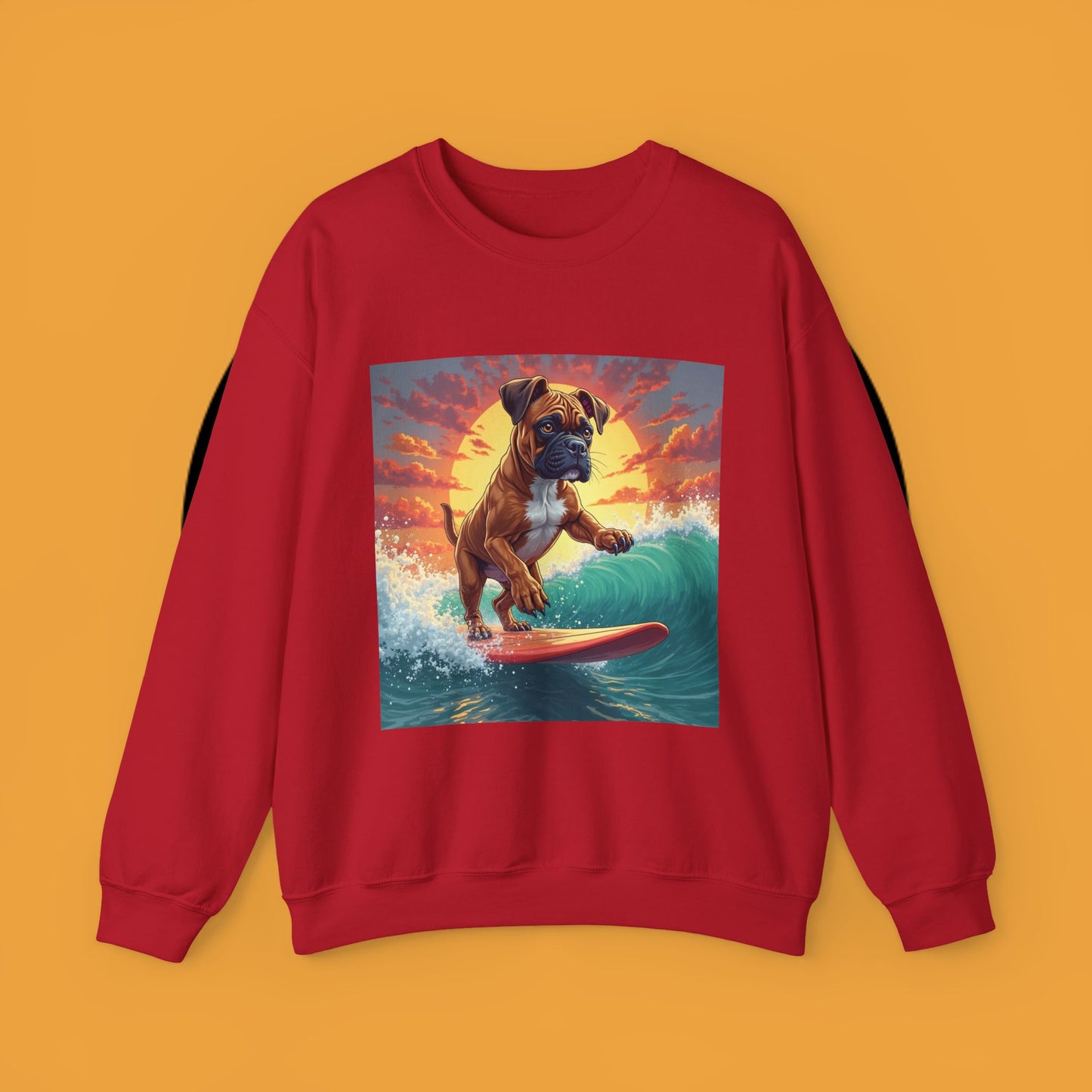 Surfing Boxer Dog Crewneck Sweatshirt | Funny Beach Surfer Gift | Epic Wave Riding Pup Design