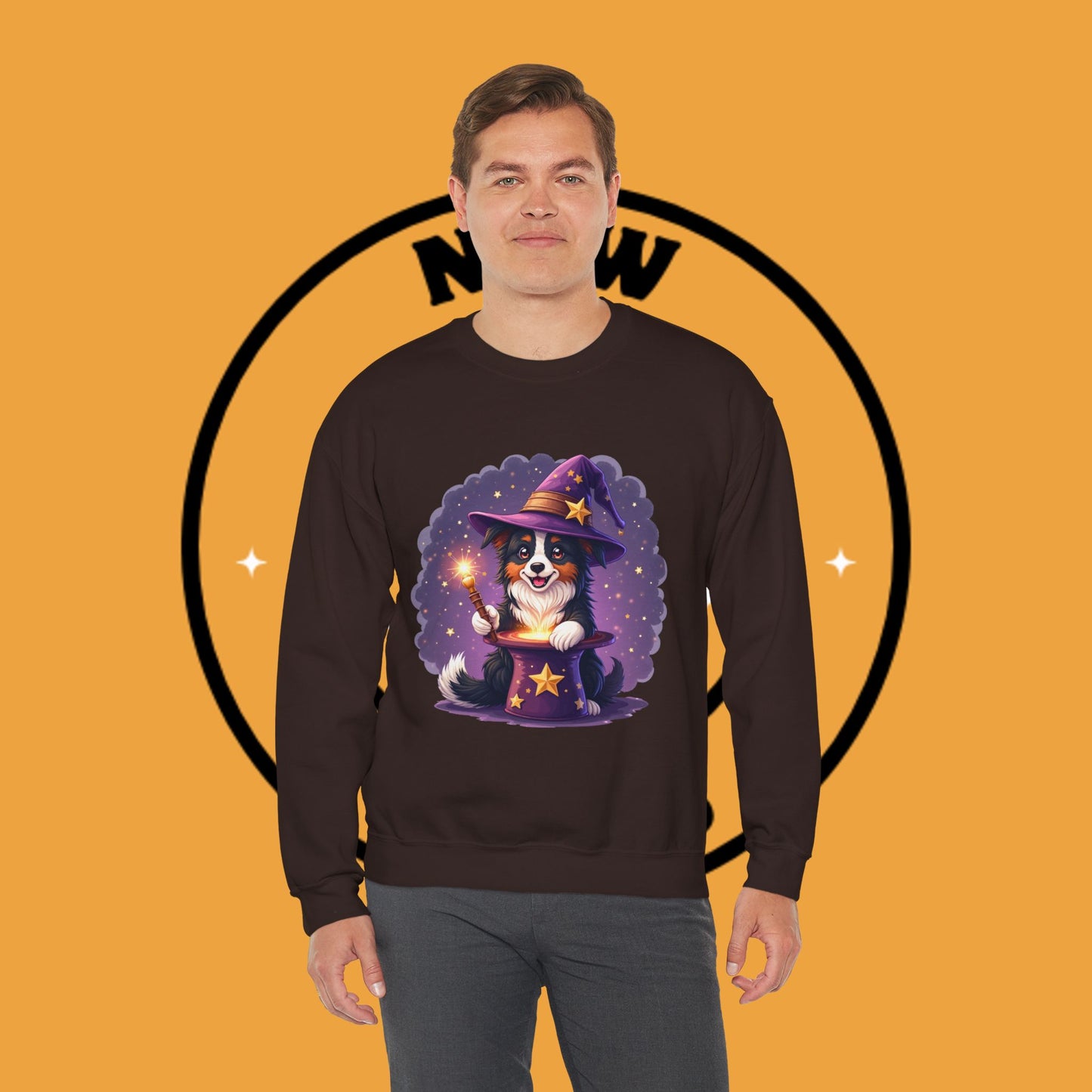 Magical Wizard Dog Crewneck Sweatshirt - Adorable Puppy Magician with Hat & Wand | Fantasy Pet Lover Gift Tee
