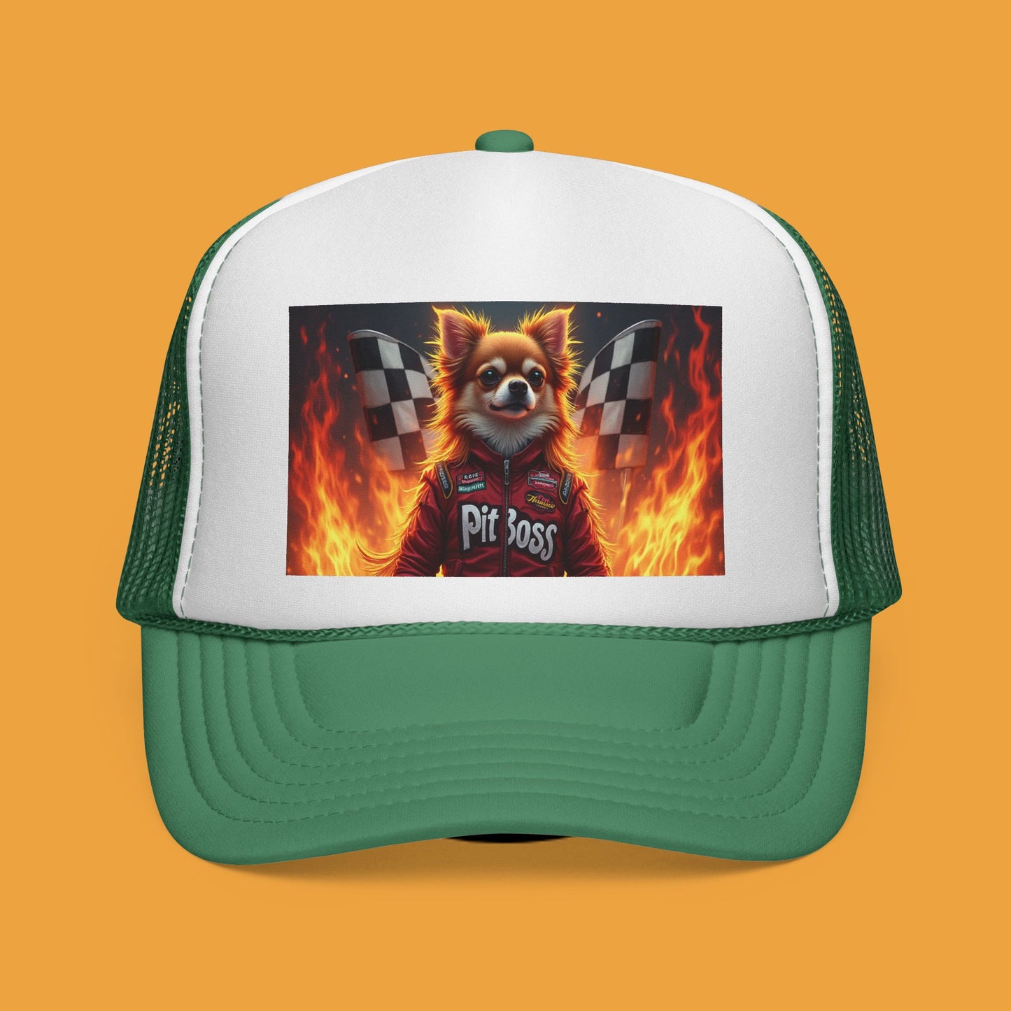 Pit Boss Chihuahua Racing Trucker Hat - Checkered Flag Fire Cap | Motorsports Dog Lover Speed Racing Baseball Hat