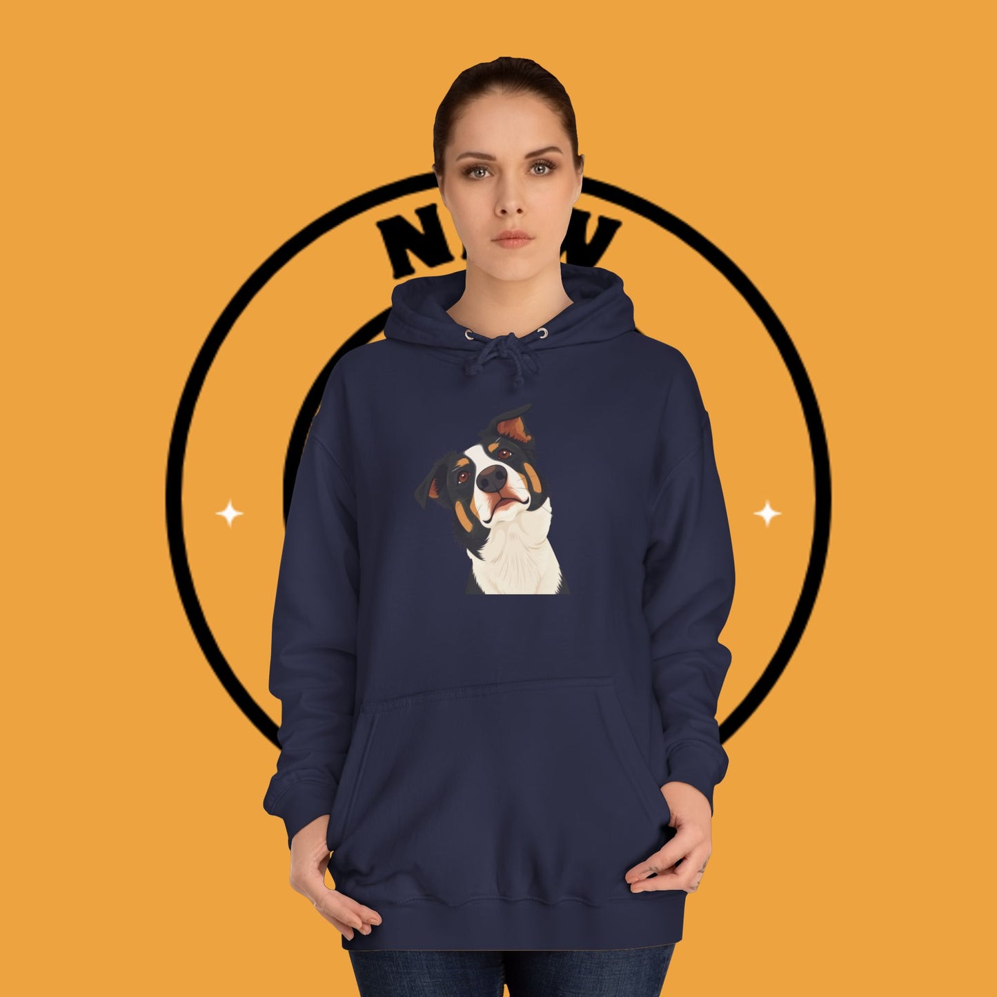 "Happy Border Collie Hoodie - Playful Cartoon Dog with Tilted Head Design | Cute Animal Streetwear"