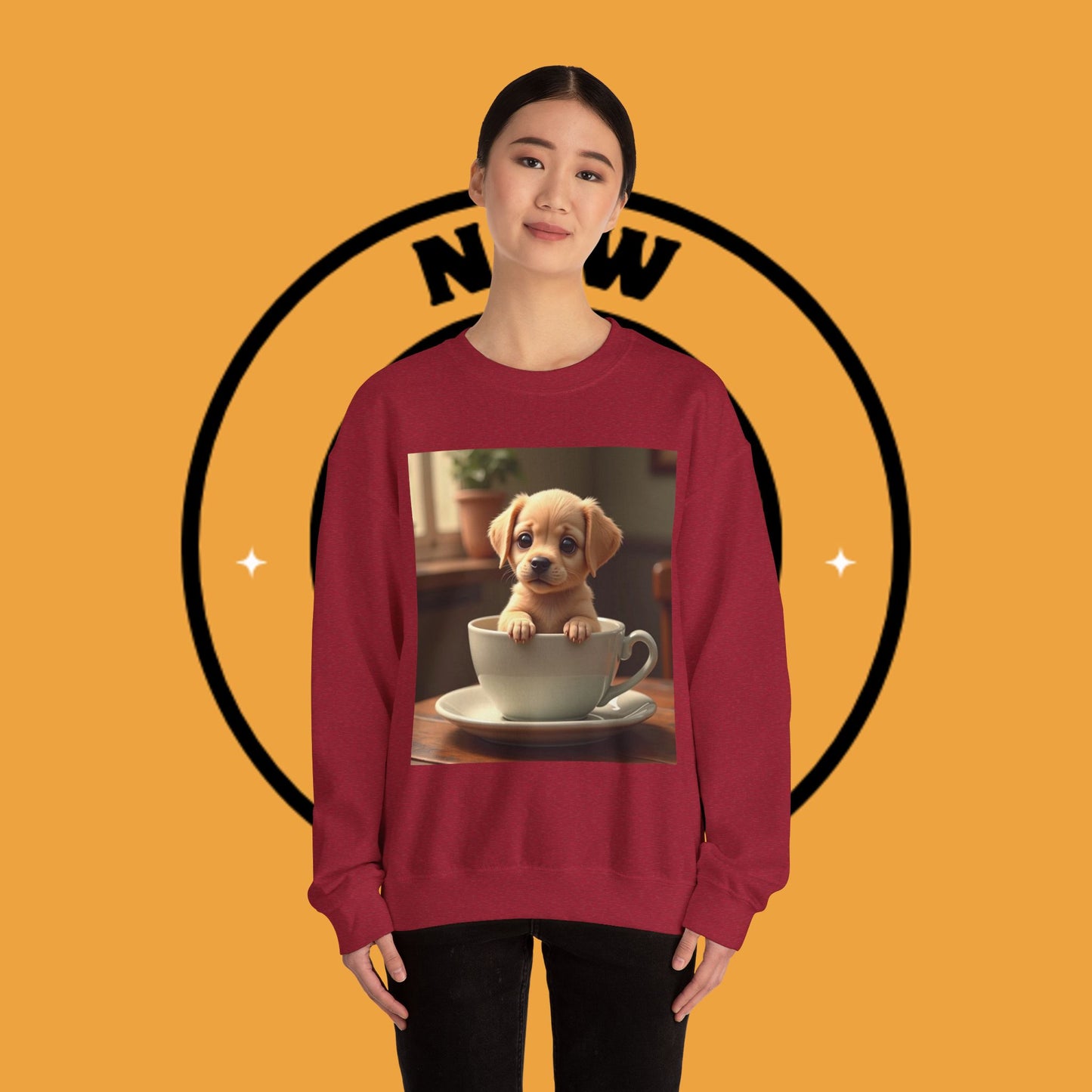 Unisex Dog Lover Crewneck Sweatshirt - Teacup Puppy: Adorable Yellow Lab in Coffee Cup