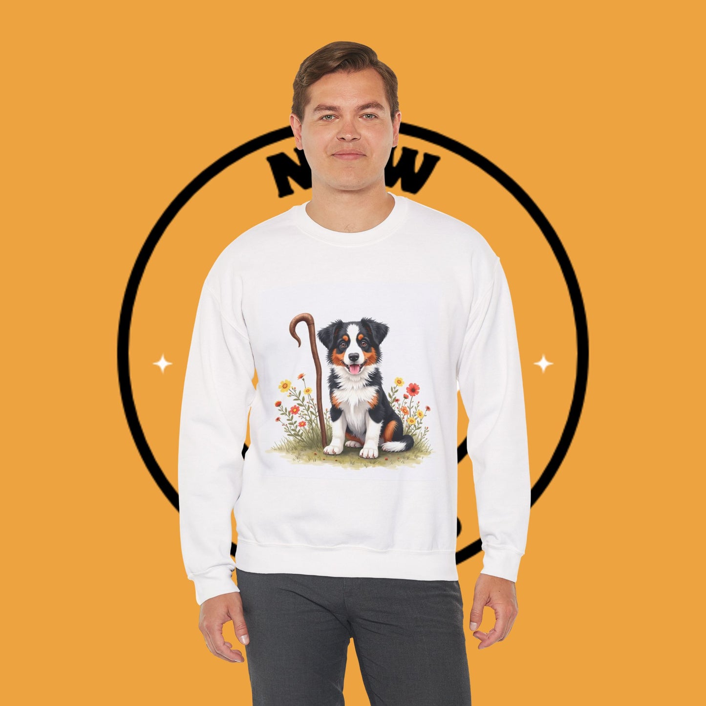 Border Collie Puppy Shepherd's Crook Crewneck Sweatshirt - Pastoral Dog Art | Farm Life Gift