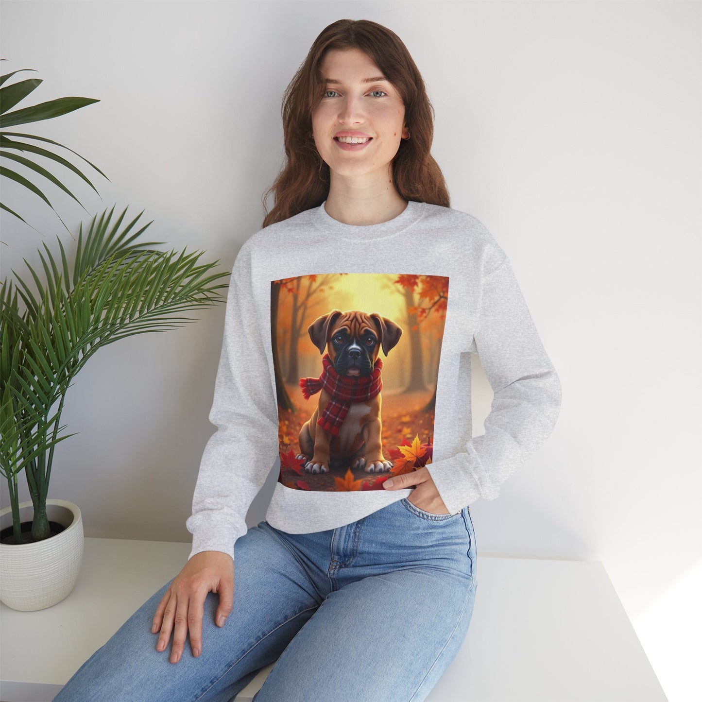 Cute Boxer Puppy Autumn Crewneck Sweatshirt | Fall Dog Lover Gift | Cozy Plaid Scarf Design