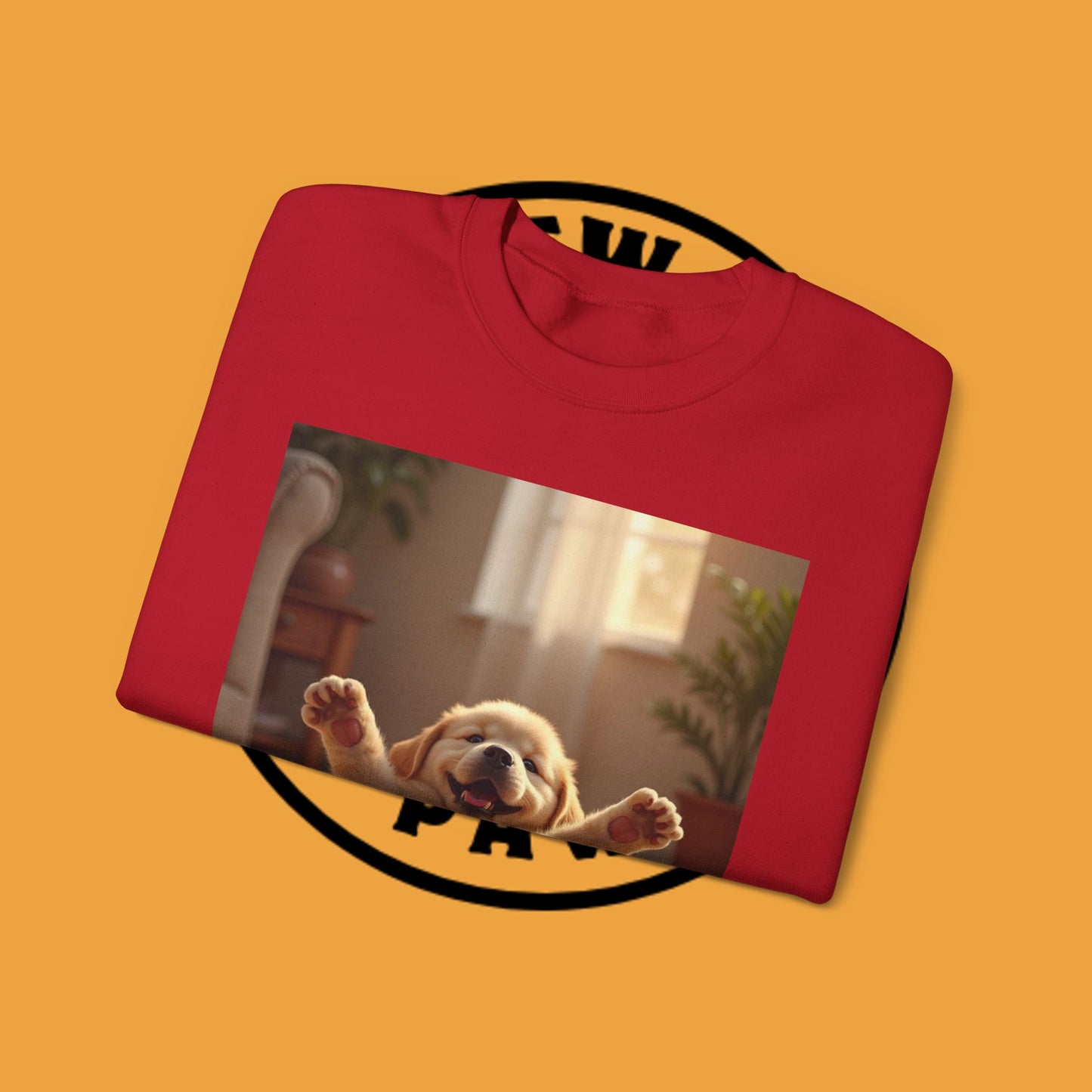 Unisex Dog Lover Crewneck Sweatshirt - Joyful Paws: Yellow Lab Puppy Stretching on Plush Carpet