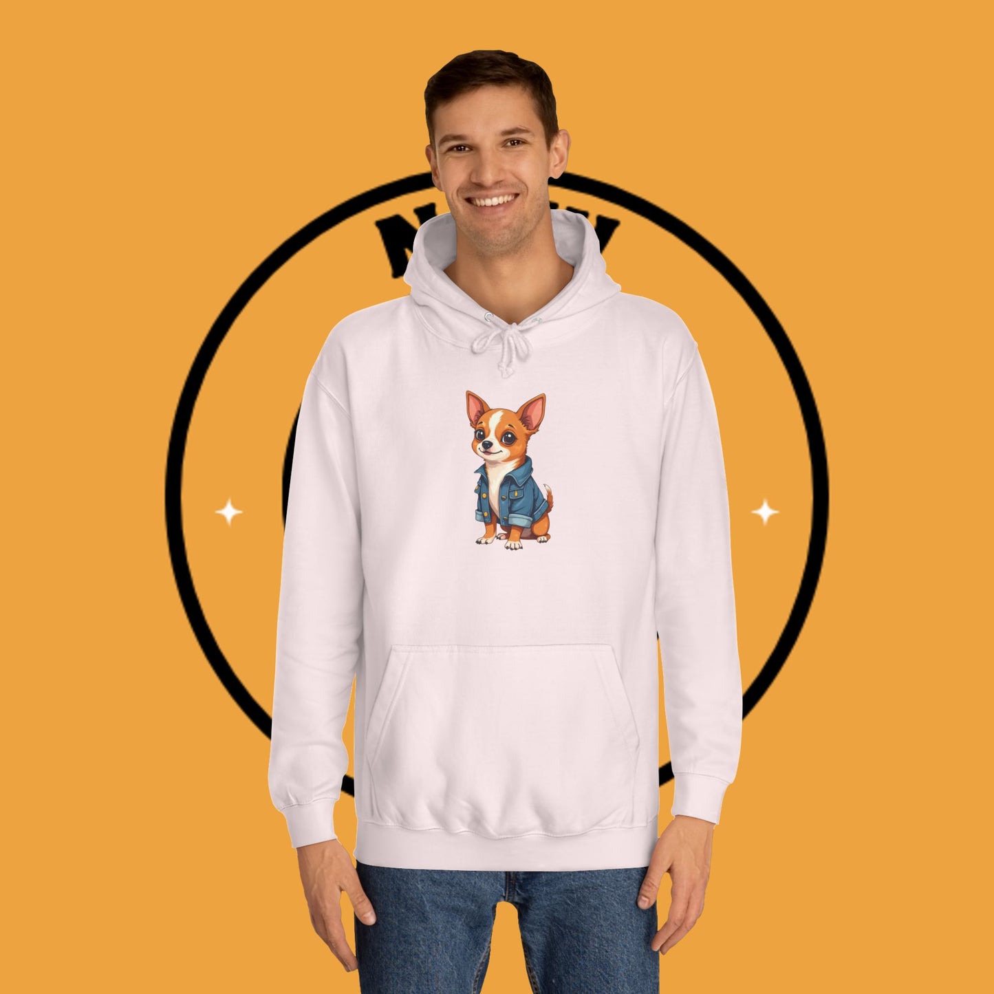 "Adorable Chihuahua in Denim Jacket Hoodie | Cute Dog Lover Gift | Premium Pet Fashion Streetwear"