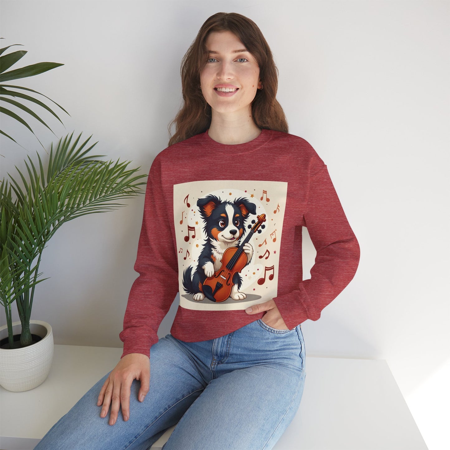 Music Dog Crewneck Sweatshirt - Cute Puppy Violinist with Musical Notes Design | Musician Gift