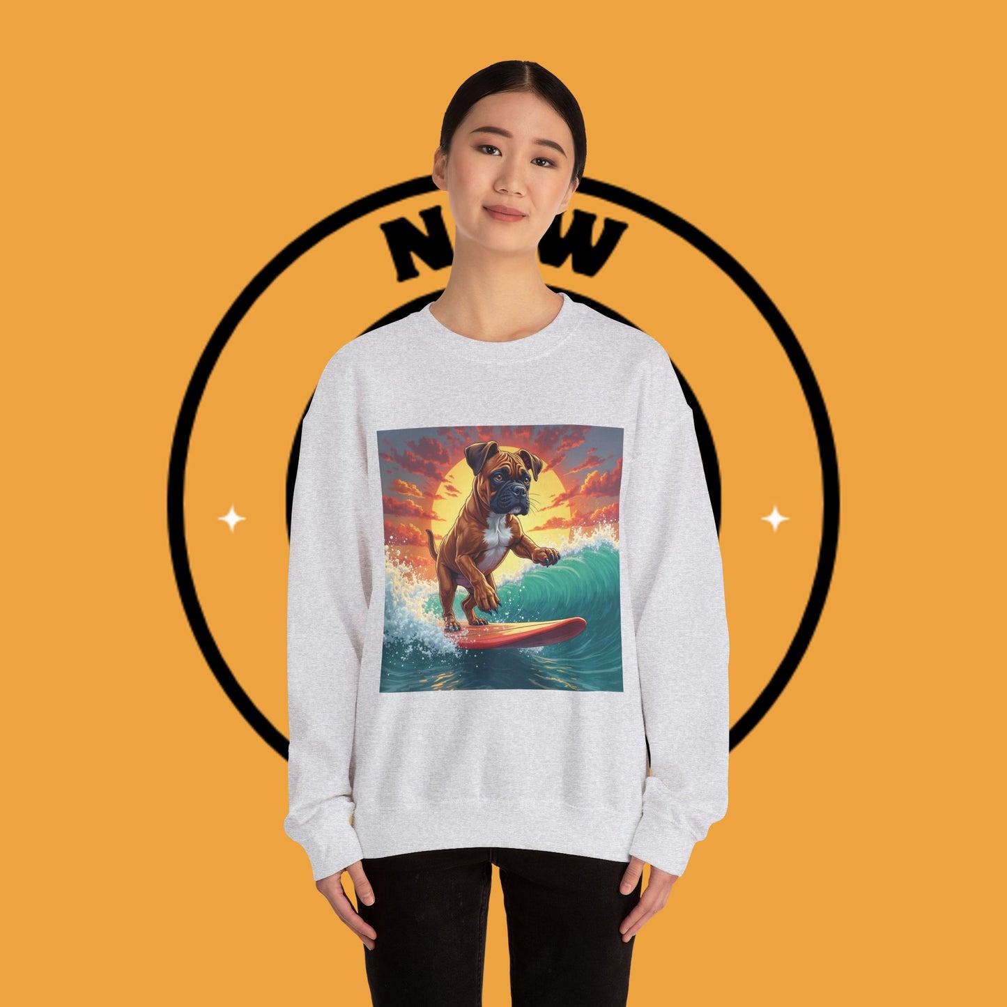 Surfing Boxer Dog Crewneck Sweatshirt | Funny Beach Surfer Gift | Epic Wave Riding Pup Design