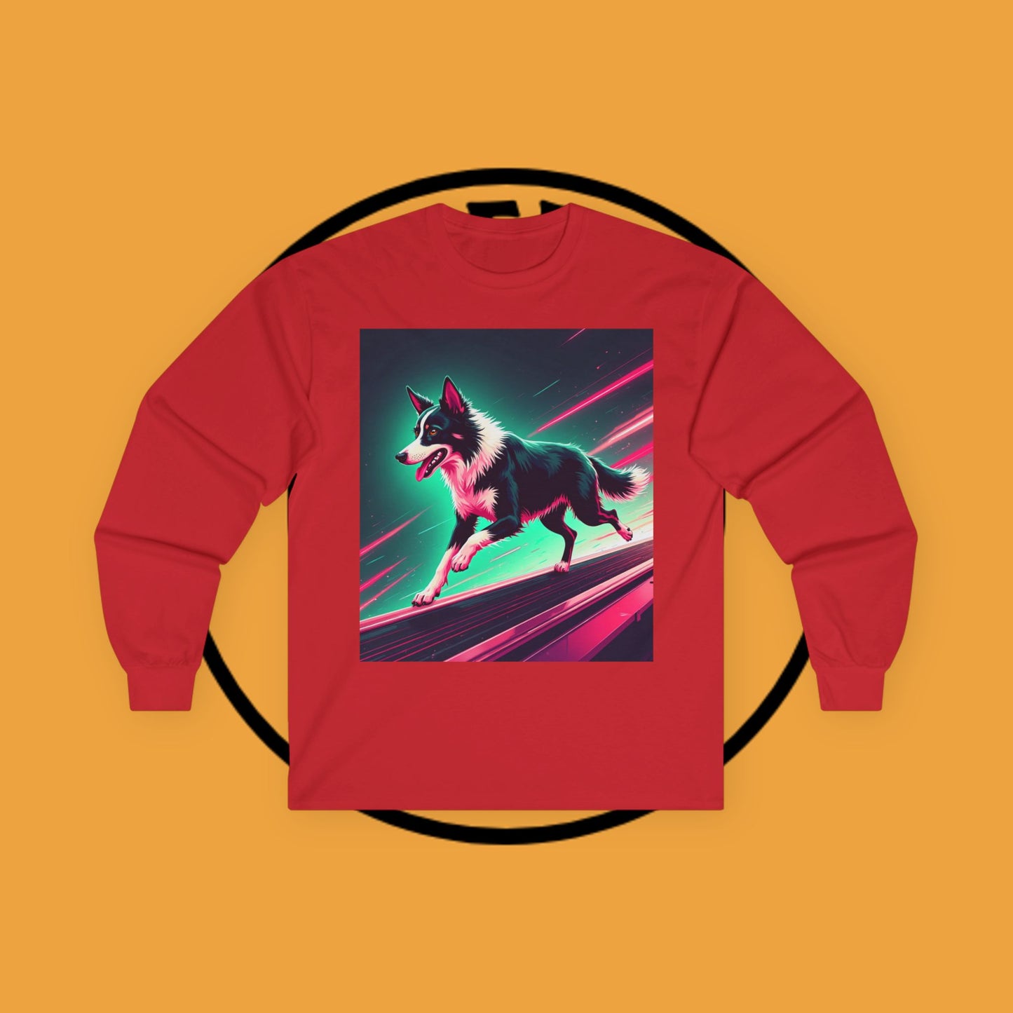 "Neon Speed Dog Long Sleeve Tee - Cyberpunk Running Border Collie Shirt - Futuristic Animal Art Apparel"