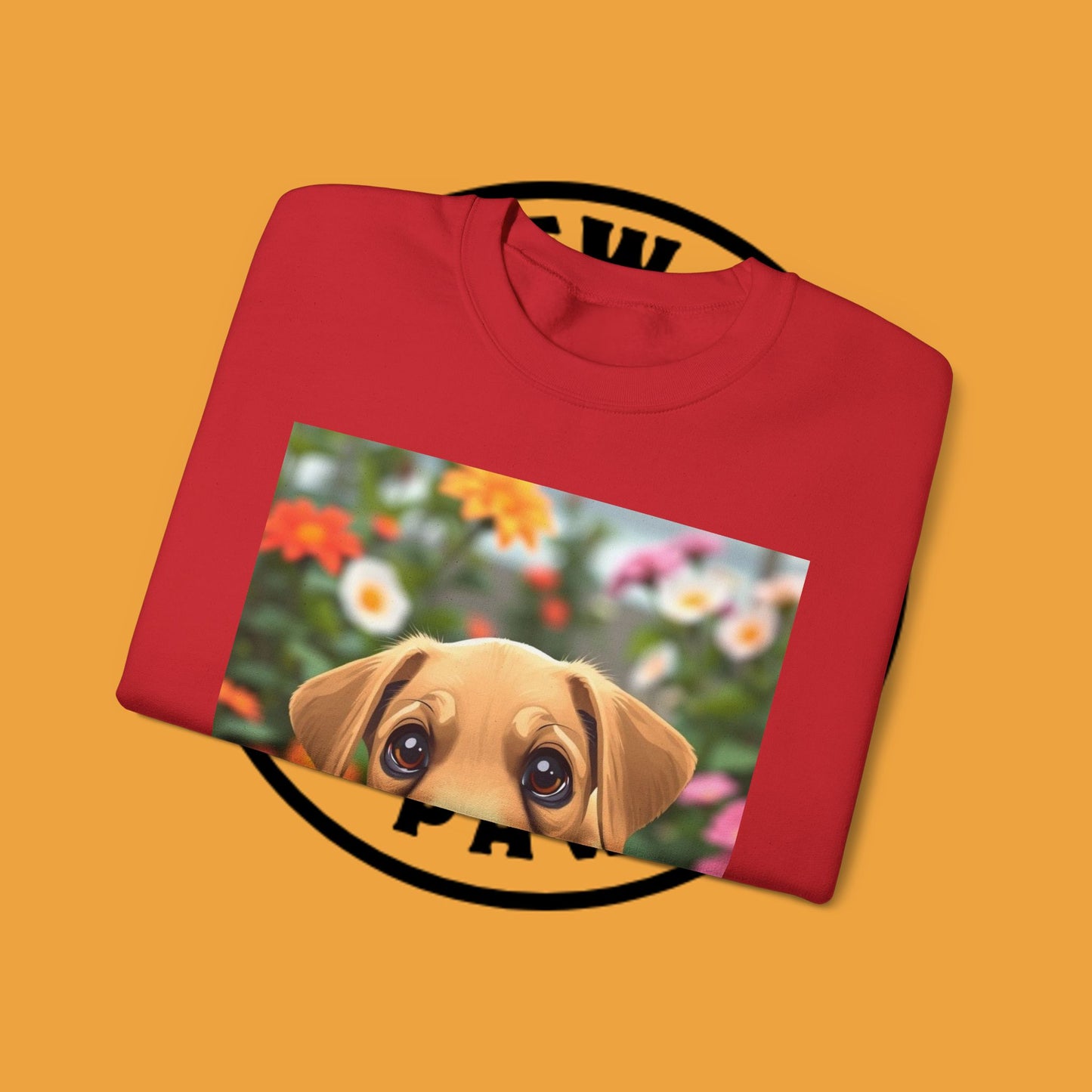 Unisex Dog Lover Crewneck Sweatshirt - Cute puppe with big eyes in floral garden