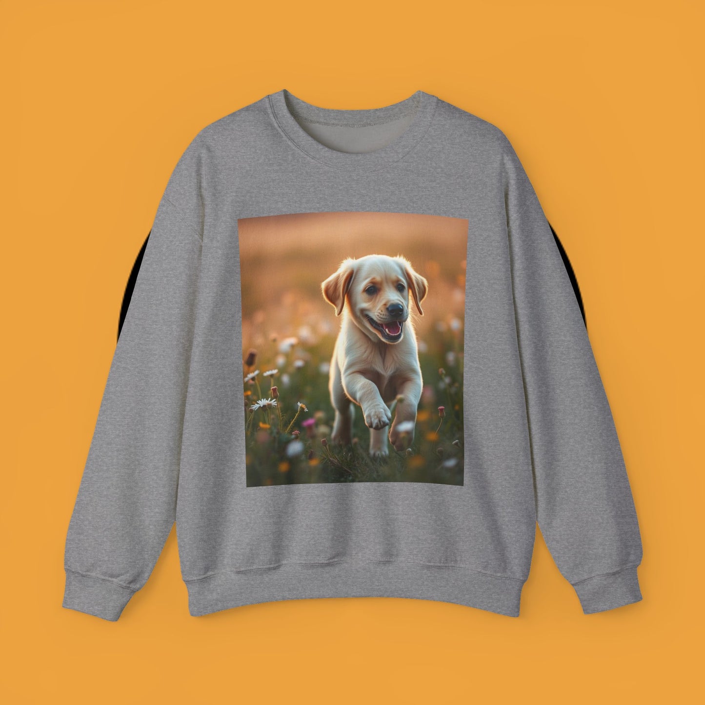 Unisex Dog Lover Crewneck Sweatshirt - Playful Labrador Puppy Running Through Wildflower Meadow