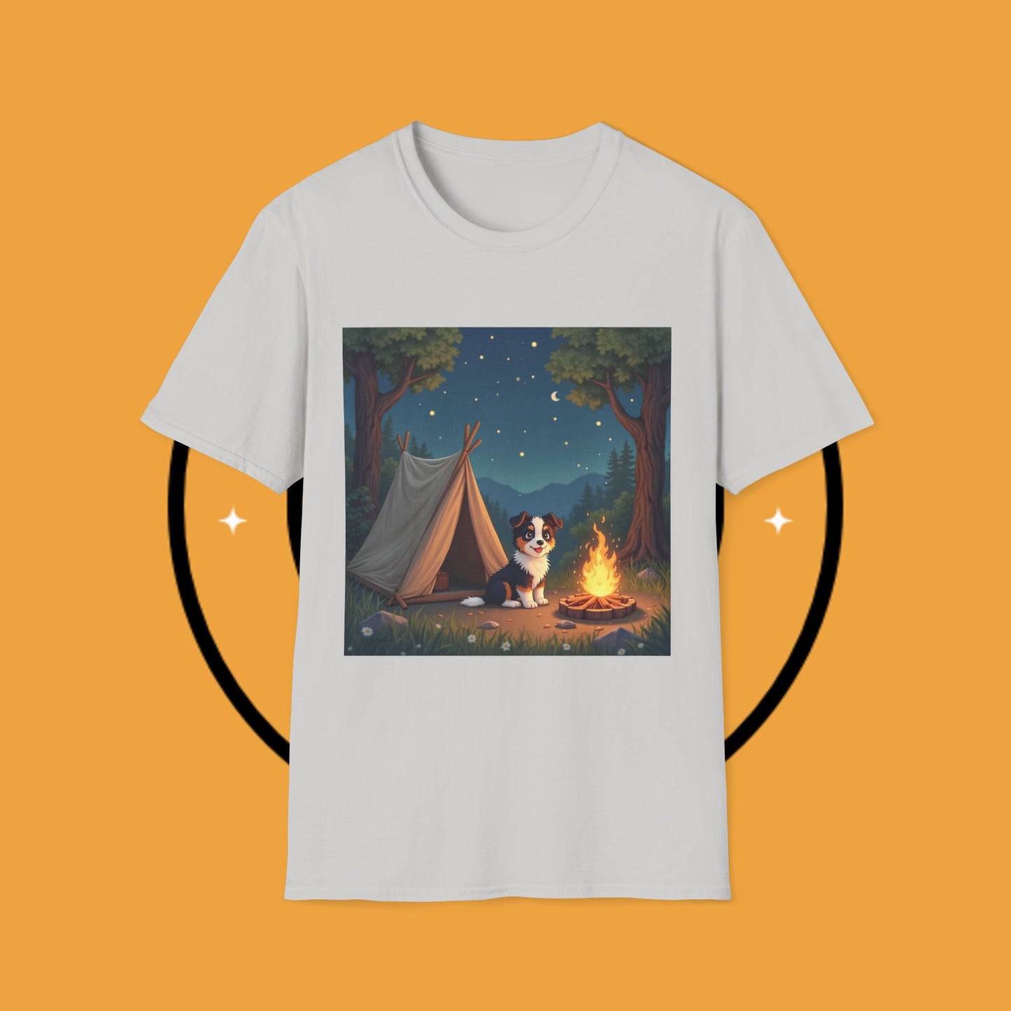 "Camping Adventure Border Collie" - Outdoor Adventure Dog T-Shirt - Border Collie Camping T-Shirt - Outdoor Adventure Dog Under Stars Tee | Nature Lover Pet Gift