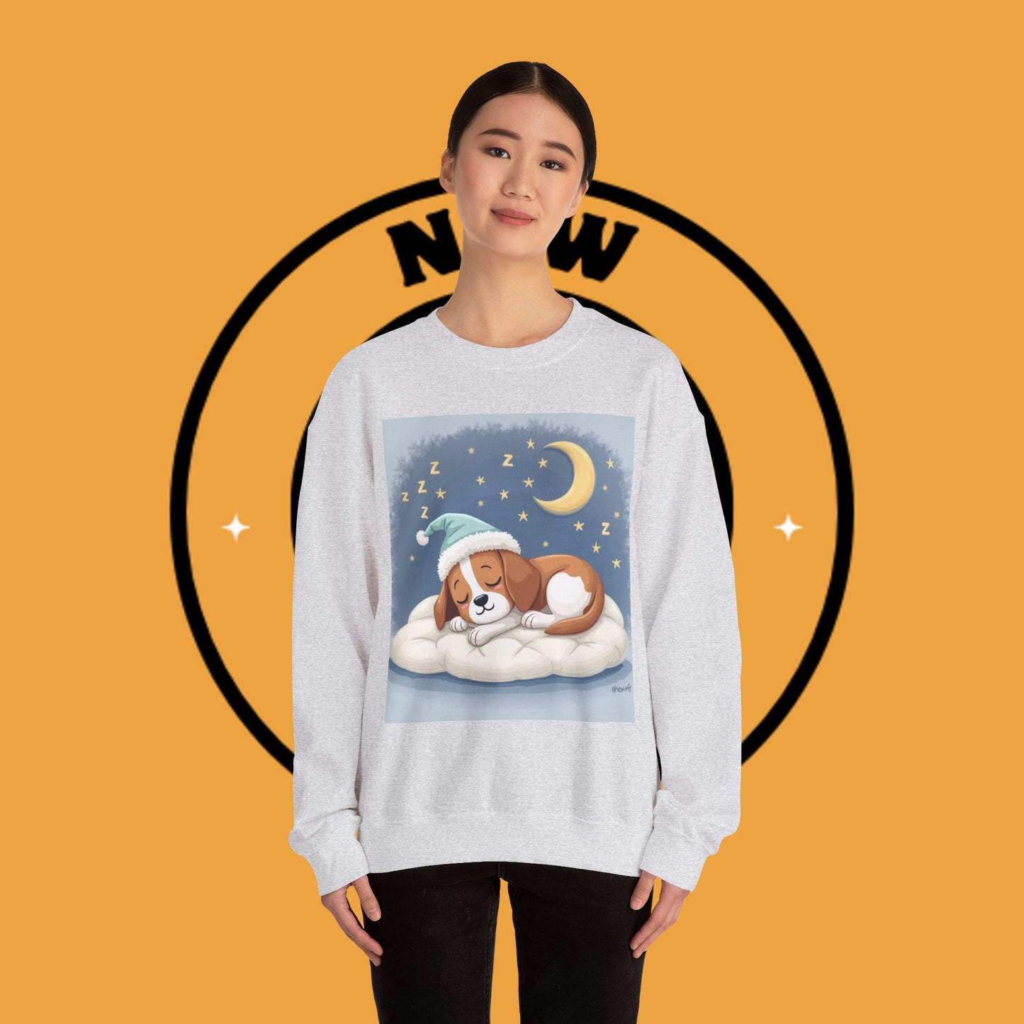Sleeping Dog Crewneck Sweatshirt - Cute Beagle Design with Moon and Stars