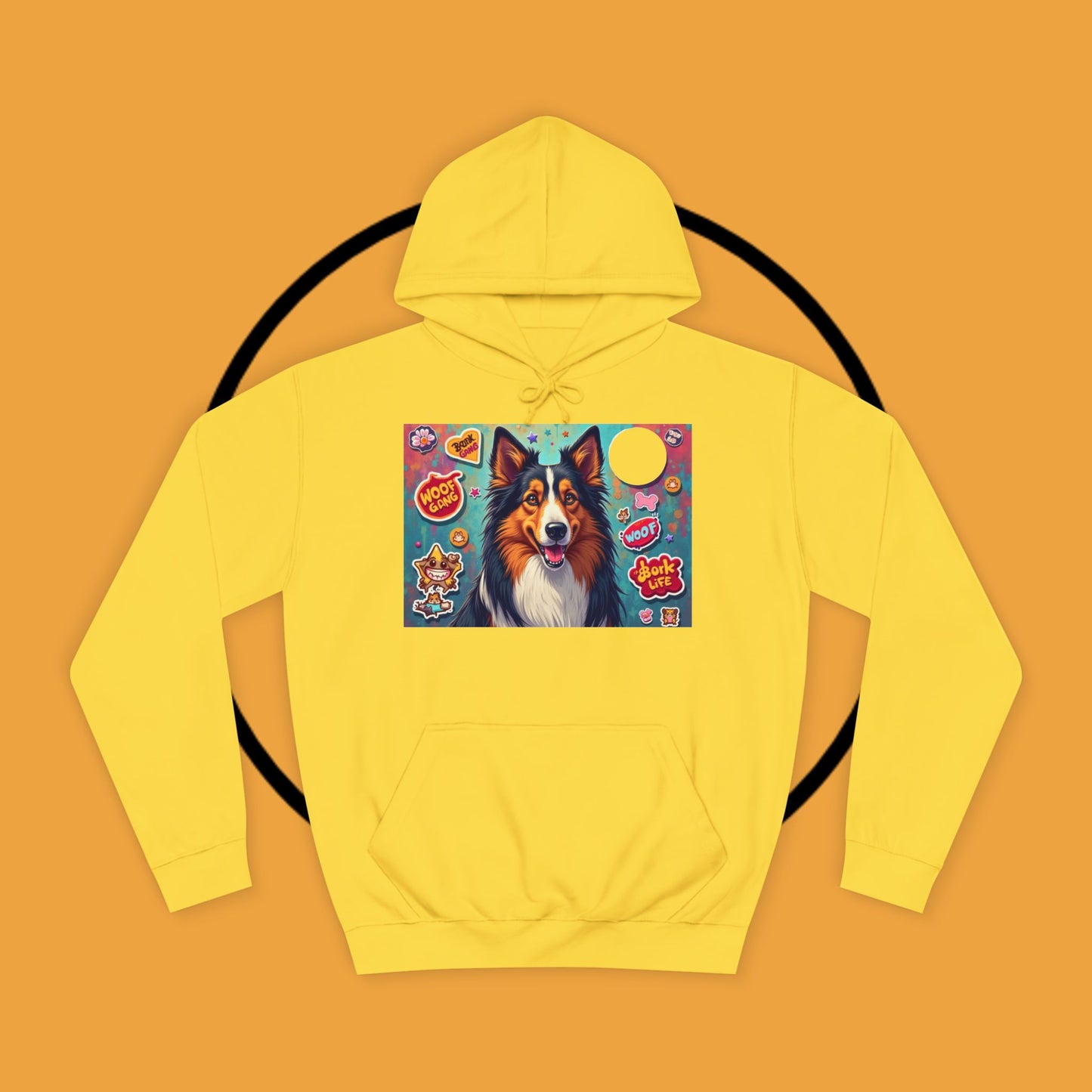 "Dog Sticker Pack Hoodie - Vibrant Collie with Fun Dog Patches Design | Millennial Pet Lover Streetwear"