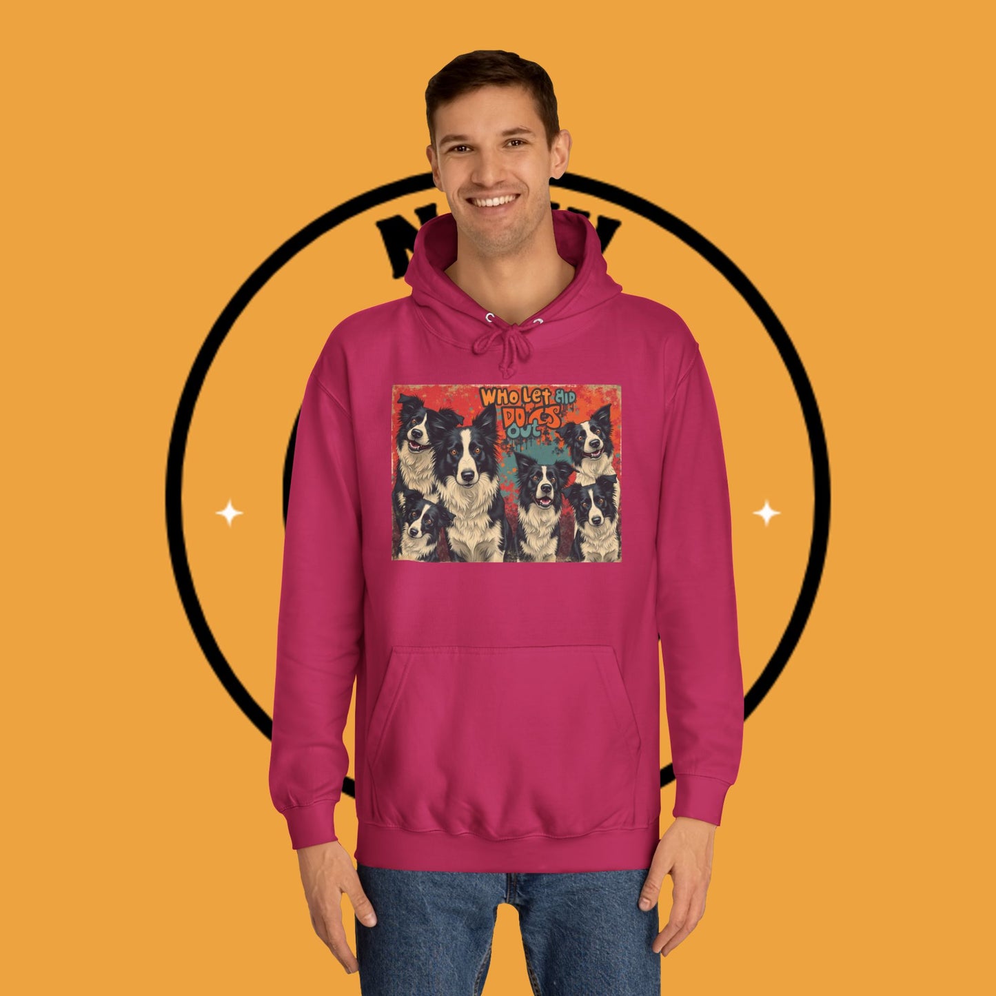 "Who Let the Dogs Out Border Collie Hoodie - Funny 90s Nostalgia Dog Pack Sweatshirt | Retro Music Design"