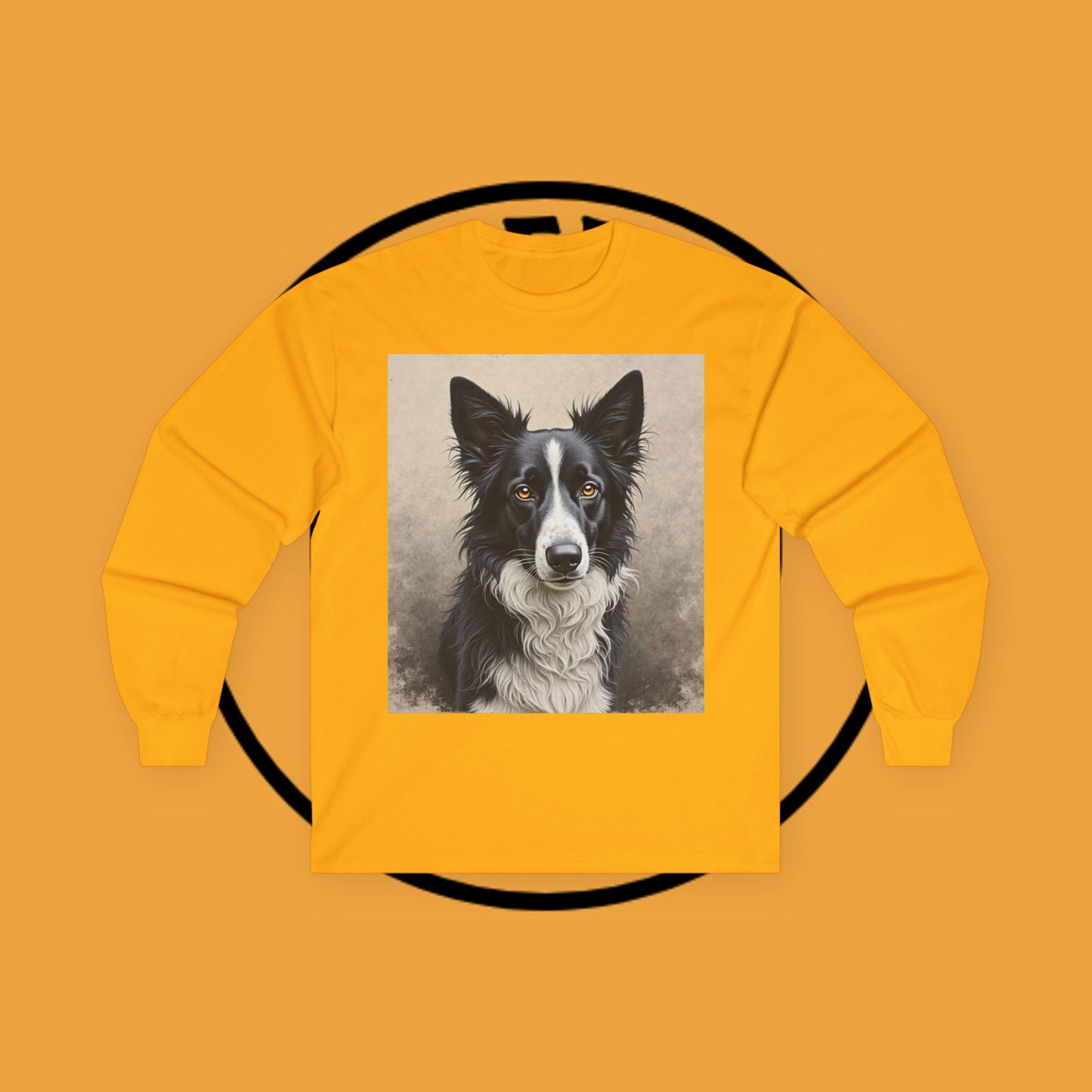 Realistic Border Collie Portrait Long Sleeve Tee - Black & White Dog Art Shirt | Premium Pet Apparel