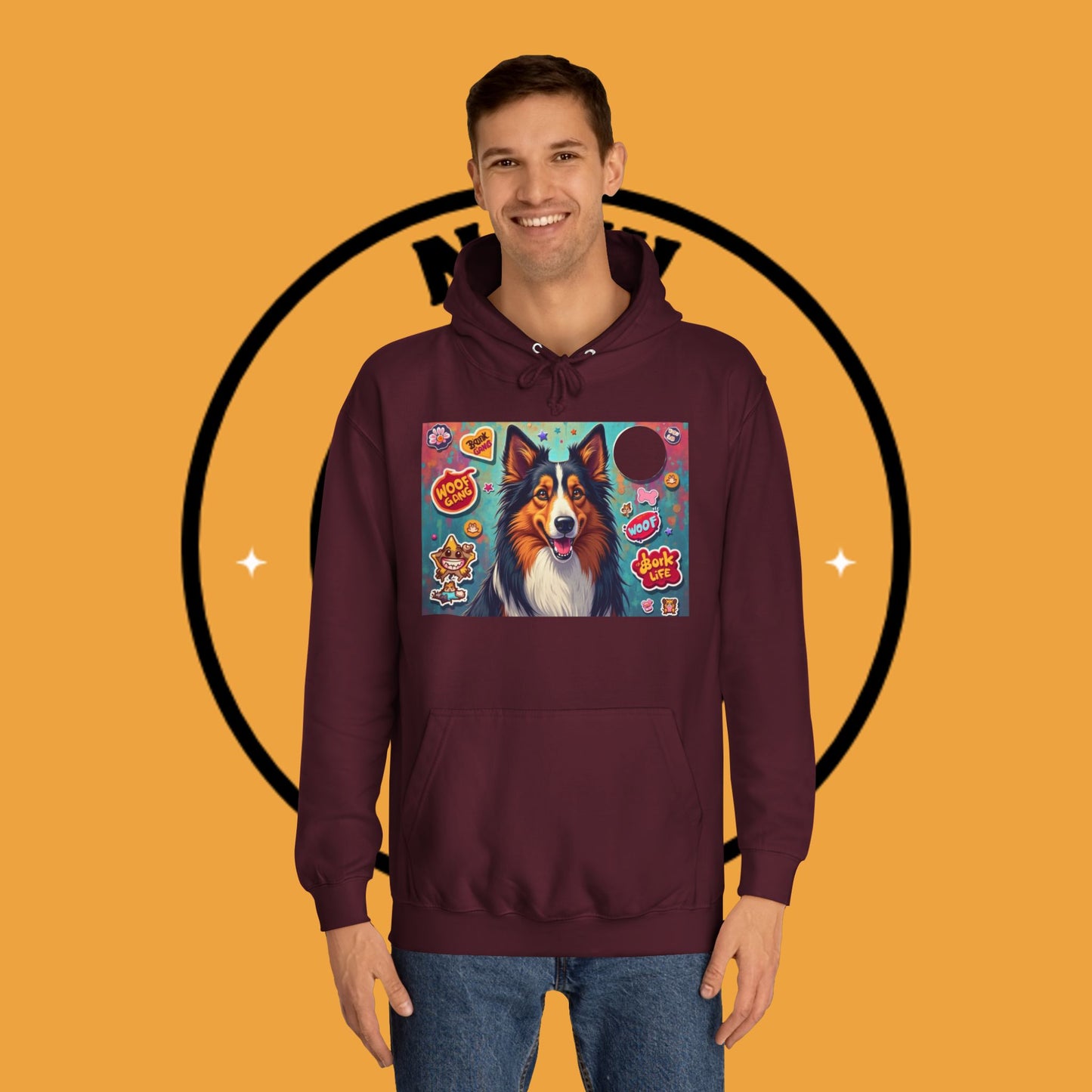 "Dog Sticker Pack Hoodie - Vibrant Collie with Fun Dog Patches Design | Millennial Pet Lover Streetwear"