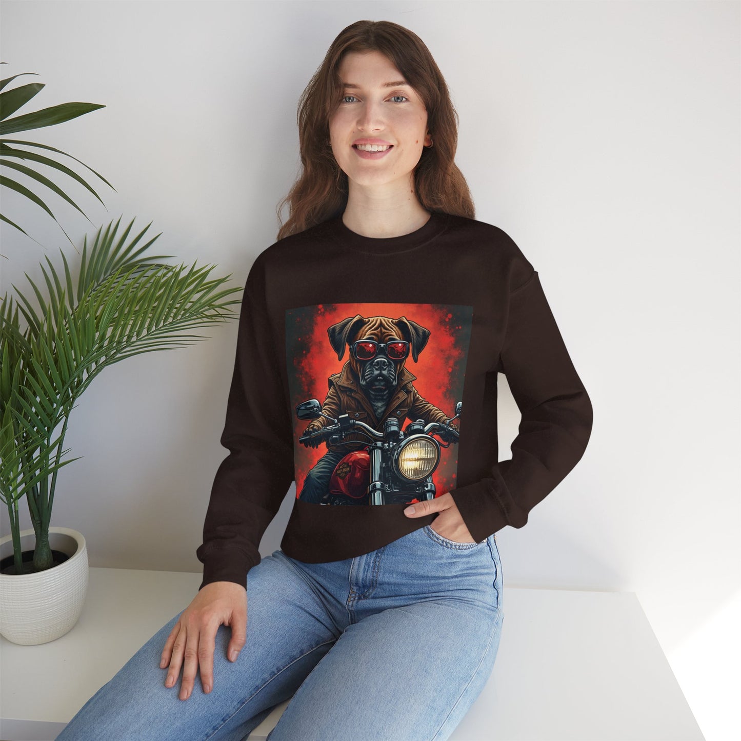 Biker Boxer Dog Crewneck Sweatshirt - Motorcycle Rebel Pup Design - Badass Pet Lover Style