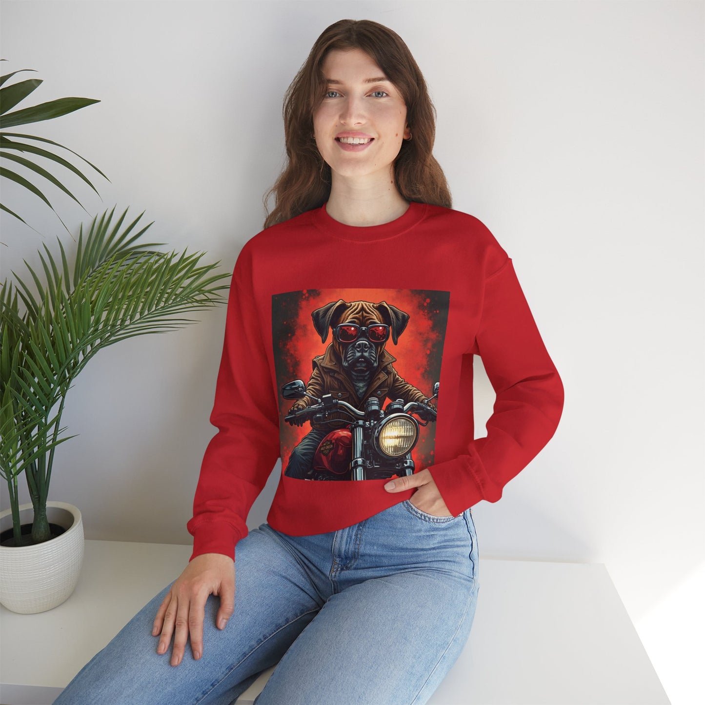 Biker Boxer Dog Crewneck Sweatshirt - Motorcycle Rebel Pup Design - Badass Pet Lover Style
