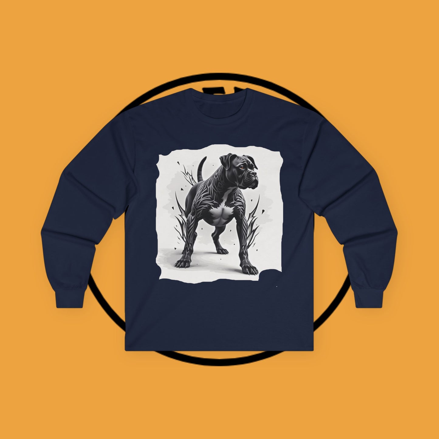 Tribal Tattoo Style Boxer Dog Long Sleeve T-Shirt - Bold Black & White Art Design
