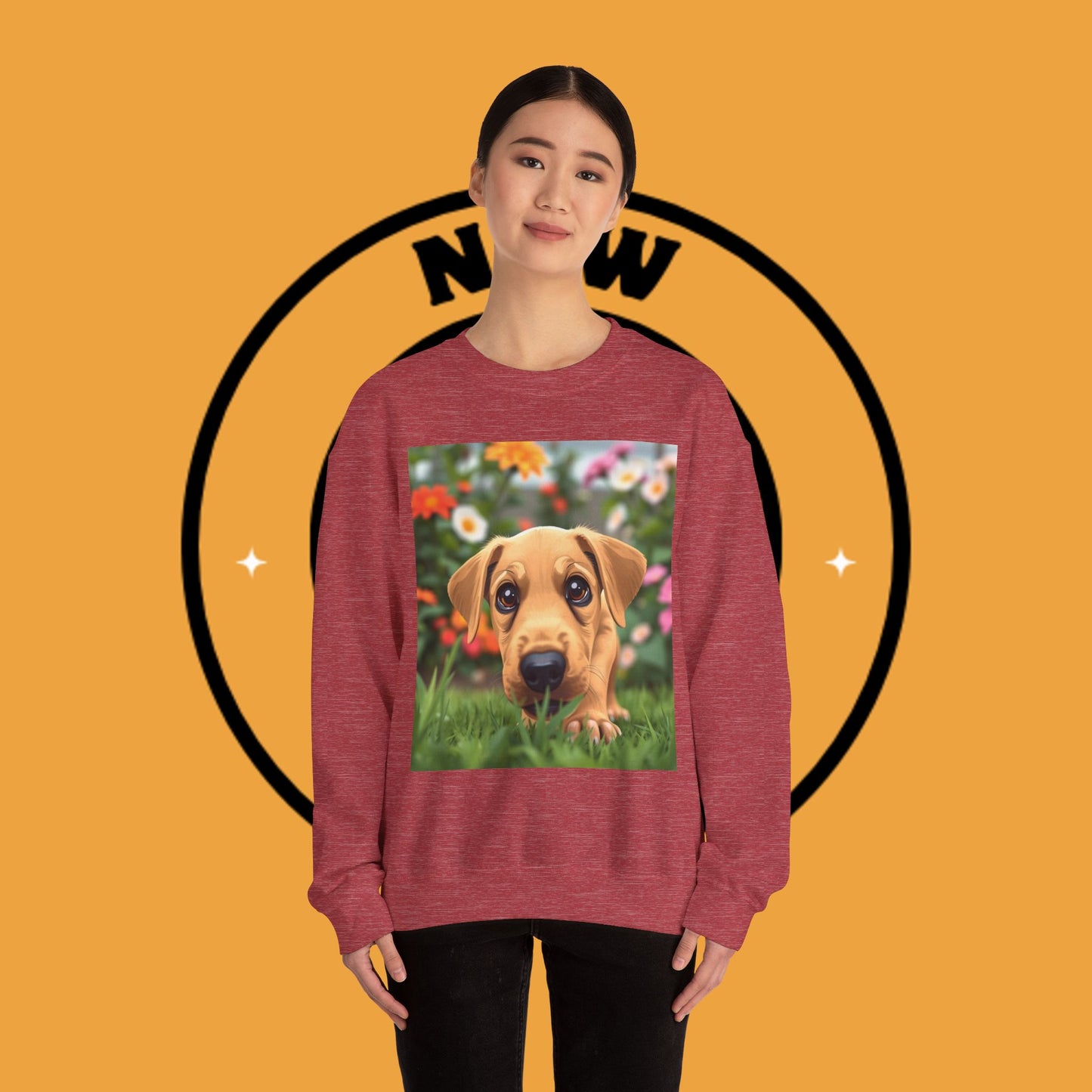 Unisex Dog Lover Crewneck Sweatshirt - Cute puppe with big eyes in floral garden