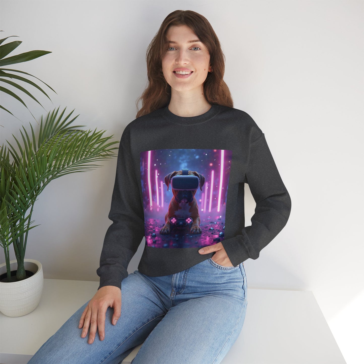 VR Gaming Boxer Dog Crewneck Sweatshirt | Funny Gamer Gift | Virtual Reality Puppy Design