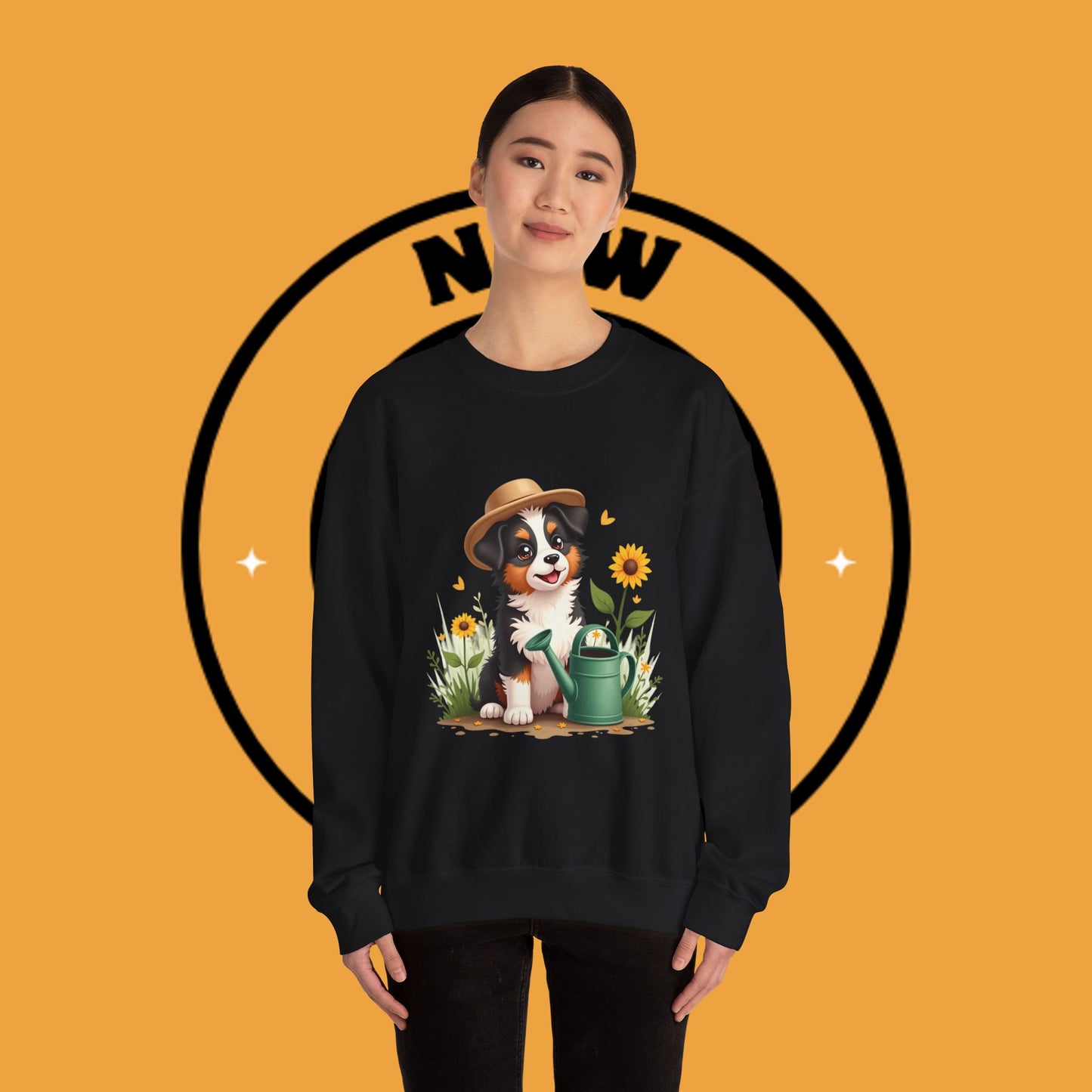 Garden Dog Crewneck Sweatshirt - Cute Puppy Gardener with Sunflowers Design | Green Thumb Gift